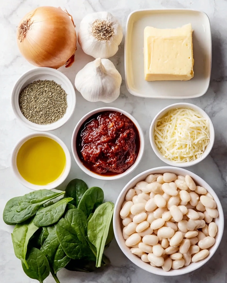 The image shows eight ingredients placed on a white marbled surface, arranged neatly and mostly in white bowls. At the center is a square block of pale yellow butter with a smooth texture. To the right of the butter, there is a white bowl filled with white beans, smooth and oval-shaped. Above the butter is a whole head of garlic with a white papery outer layer, next to a small white bowl of dry herbs in green shades. On the left side of the butter, there is a round yellow onion with smooth skin, and above that a small glass bowl filled with golden olive oil. Below the butter, a larger white bowl contains a thick, red tomato sauce with visible texture. Next to the sauce, on the lower left, there are several bright green spinach leaves. In the bottom middle, a small white bowl holds finely grated white cheese. Lastly, at the bottom right, a white bowl holds more golden olive oil. photo taken with an iphone --ar 4:5 --v 7