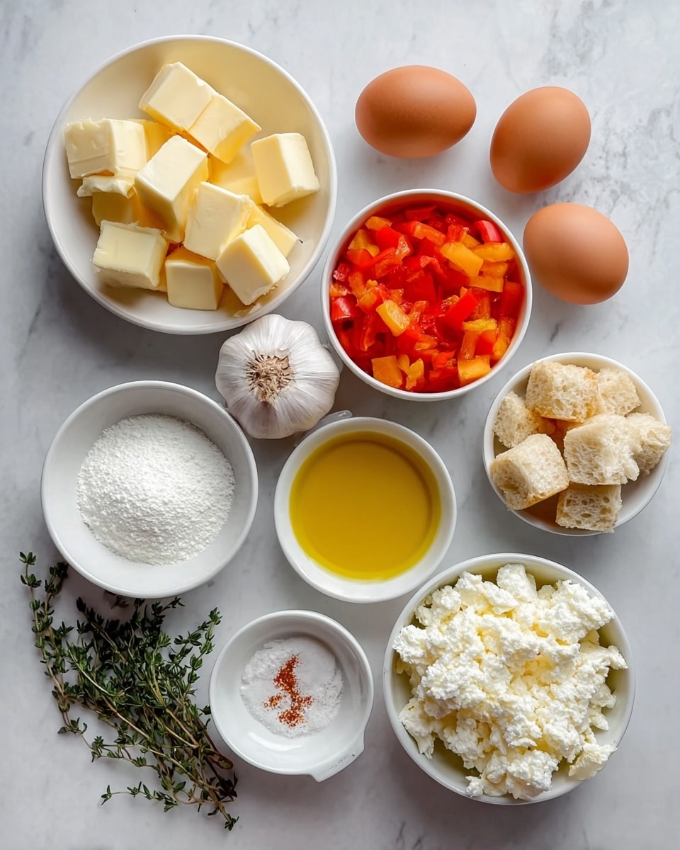 The image shows a flat lay of various cooking ingredients arranged neatly on a white marbled surface. There are three brown eggs positioned on the left side near a garlic bulb and fresh green thyme sprigs. In white bowls, from top left going clockwise, there are chunks of butter, clear golden olive oil, a white powdery substance, and a bowl filled with white crumbly cheese. A small white bowl holds a mix of black pepper and salt, while another white bowl contains diced red and orange bell peppers. Near the bottom left, small cubes of bread sit in a white bowl. The colors are warm and natural with a fresh and clean layout. Photo taken with an iphone --ar 4:5 --v 7