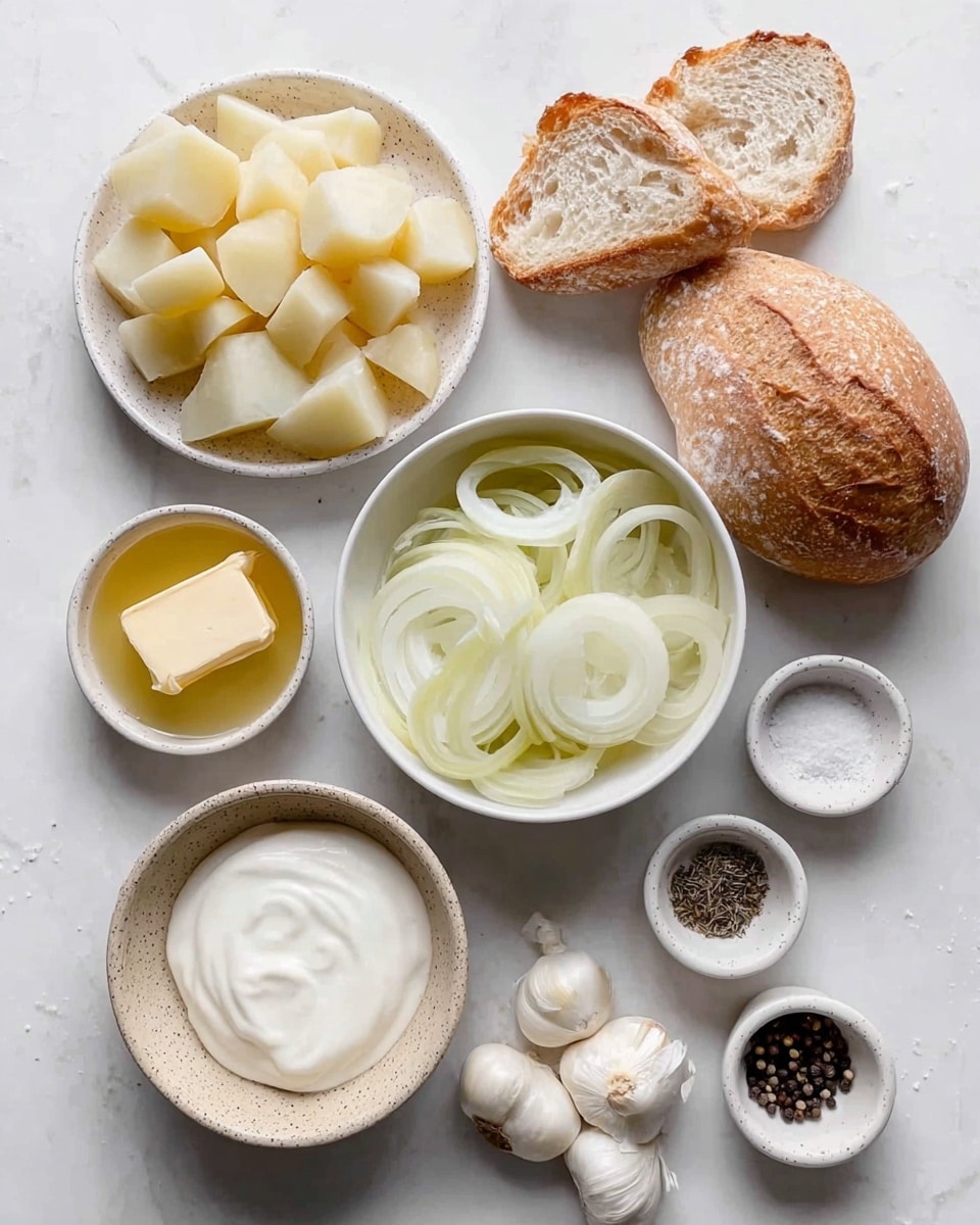 A top view of several white bowls arranged on a white marbled surface, each holding different ingredients: one bowl contains a block of pale yellow butter with honey surrounding it, another bowl has thinly sliced white onion rings, a third bowl is filled with white sauce or cream, and a fourth contains cubed pale yellow potatoes. Around the bowls are three slices of crusty white bread, three garlic cloves, a small bowl of coarse white salt, and a small bowl filled with whole black peppercorns. photo taken with an iphone --ar 4:5 --v 7