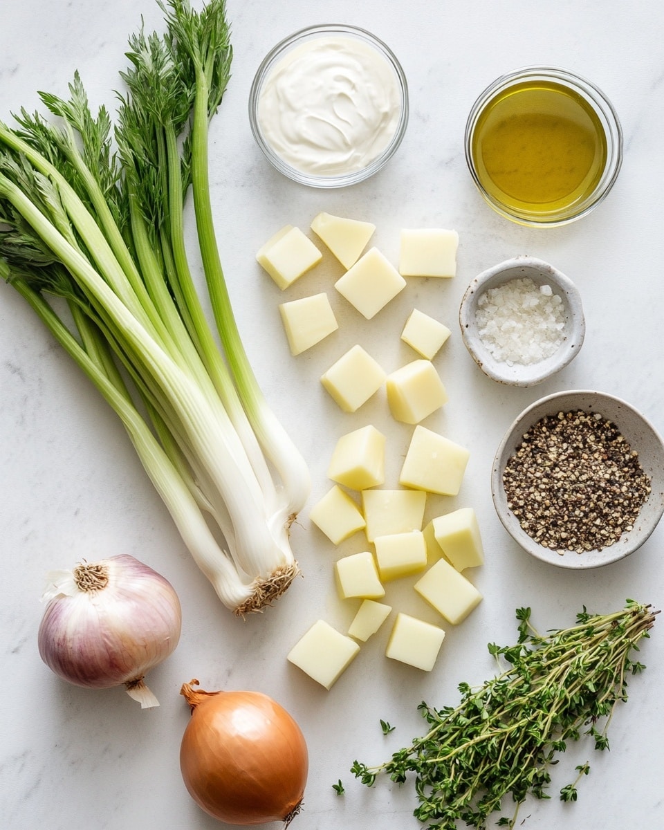 The image shows a variety of ingredients neatly arranged on a white marbled surface. At the top right is a large, textured celery root with rough brown and pale green skin. To the top left is a white bowl filled with pale yellow cheese cubes. Below the cheese cubes, several light green celery stalks are lined up vertically. In the center is a round, light brown onion next to two small white bowls – one with golden olive oil and the other with mixed black and white peppercorns. To the right of the onion is another small white bowl holding coarse salt. Green thyme sprigs and two broad sage leaves are placed near the bottom center. Three peeled garlic cloves sit scattered between a white bowl of smooth cream and a white bowl filled with crispy golden brown bread cubes. photo taken with an iphone --ar 4:5 --v 7