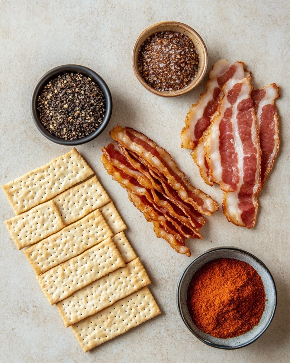 A pile of rectangular crackers with a layer of shiny, dark reddish-brown glazed bacon on top is shown on a white plate, set against a white marbled surface. Each cracker has one bacon strip that looks shiny and slightly caramelized with dark pepper flakes sprinkled on it. A woman's hand is picking up one cracker, showing the raised texture of the bacon's glaze. The edges of the crackers are golden and slightly rough. The overall look is crispy and glossy with a mix of warm brown and red tones. photo taken with an iphone --ar 4:5 --v 7