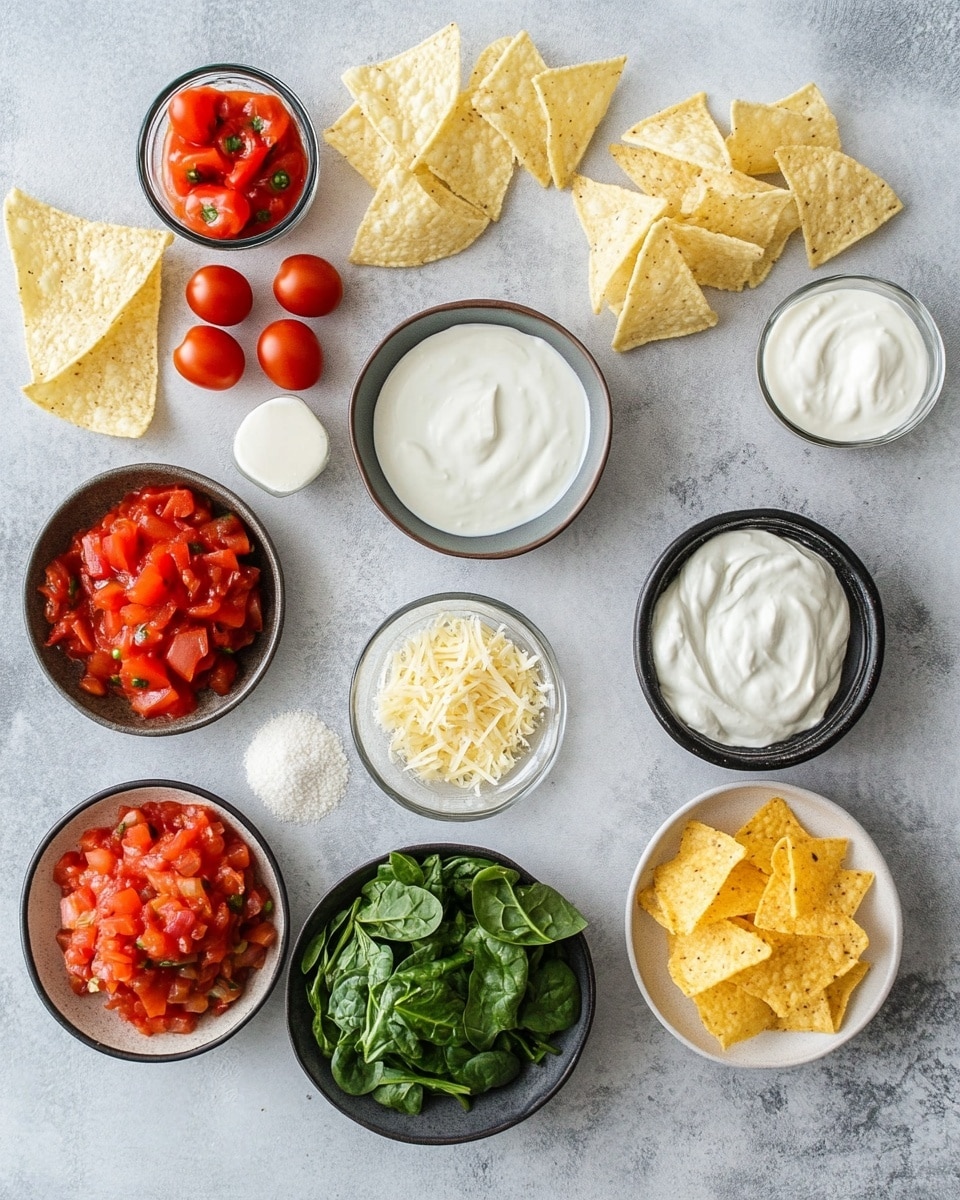 A close-up image shows a woman's hand holding a round yellowish corn chip dipping into a creamy spinach and cheese dip. The dip has a thick layered look with bright white melted cheese mixed with green spinach pieces, and the top layer has patches of brown from being baked. The dip sits on a white marbled surface, and some melted cheese with browned spots is visible around it. photo taken with an iphone --ar 4:5 --v 7