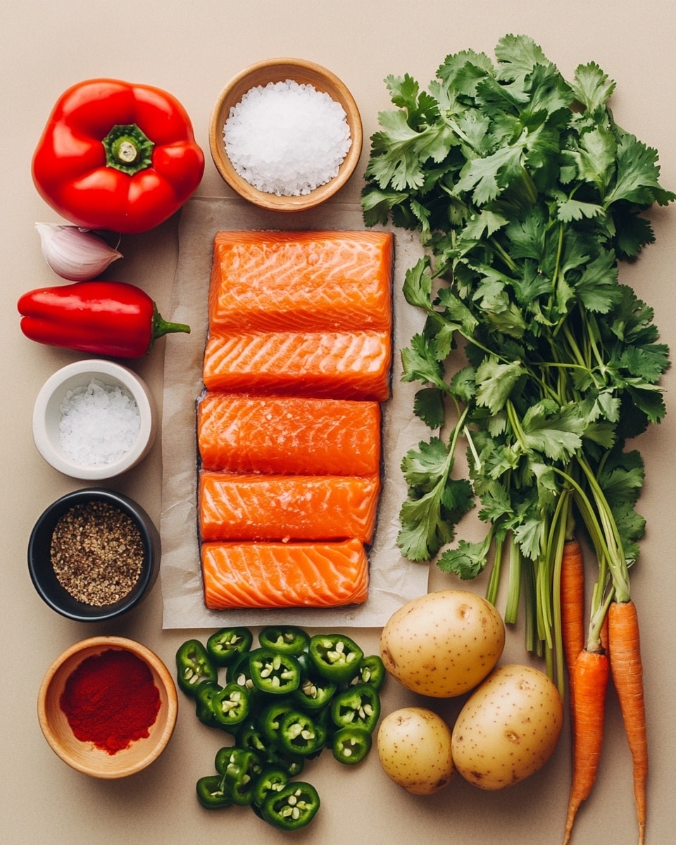 This image shows a close-up of a cooked dish in a pan with a rich, reddish-orange sauce. There are four large pieces of fish, each covered with a thick coating of herbs and spices that give a textured, slightly rough surface. The fish pieces are arranged close together, partially sitting on bright red and orange slices of bell peppers and chunks of vegetables beneath. Green chopped herbs are sprinkled over everything, adding small bright green spots. Two thin, pale yellow lemon slices are placed on top of the sauce near the edges. The overall look is warm and colorful, with a moist, shiny finish on all ingredients. Photo taken with an iphone --ar 4:5 --v 7