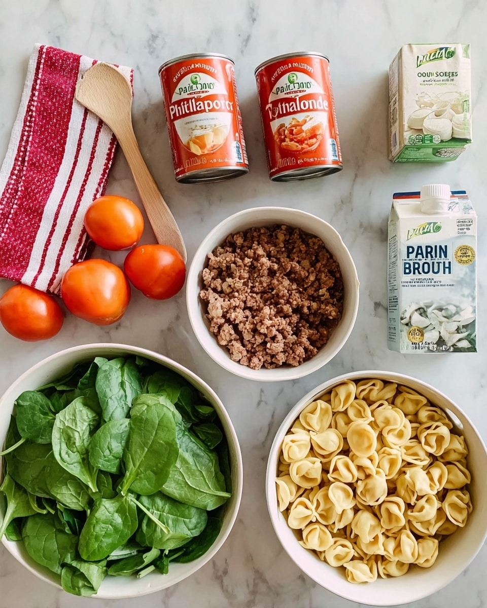 The image shows seven items arranged on a white marbled surface. Starting from the top left, there is a white bowl filled with fresh green spinach leaves. Near the center top, there are two cans of Italian style diced tomatoes with red and green labels. To the right of the cans is a silver and blue package of Philadelphia original cream cheese. Moving down, there is a small white bowl filled with crumbled cooked ground meat placed just below the tomato cans. To the right of this bowl, a white bowl contains uncooked tortellini pasta, which is pale yellow and shaped in small rings. In the bottom left corner, there is a carton of Pacific organic vegetable broth with a green and orange label. Finally, on the upper right corner of the image, a woman’s wooden spoon is positioned next to a folded white towel with red stripes. photo taken with an iphone --ar 4:5 --v 7