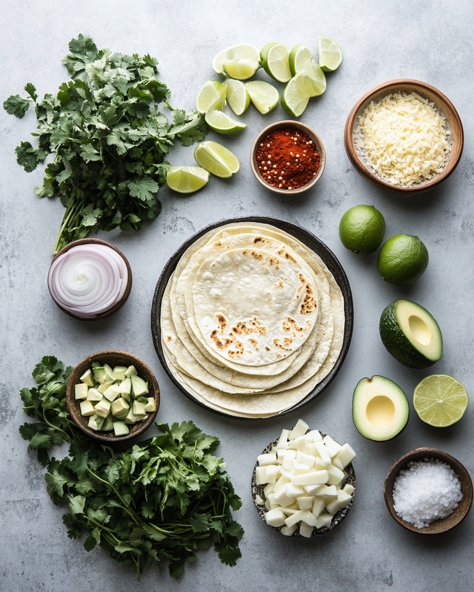 Two yellow corn tortillas, slightly toasted with light char marks, each holding a generous layer of grilled, browned chicken pieces with a textured, slightly crispy surface. On top of the chicken, there are small chunks of white onion and finely chopped green cilantro scattered evenly. Each taco is crowned with a scoop of bright green guacamole, which has a creamy yet slightly chunky texture, and sprinkled with white crumbly cheese. The tacos are placed on a white marbled surface. photo taken with an iphone --ar 4:5 --v 7