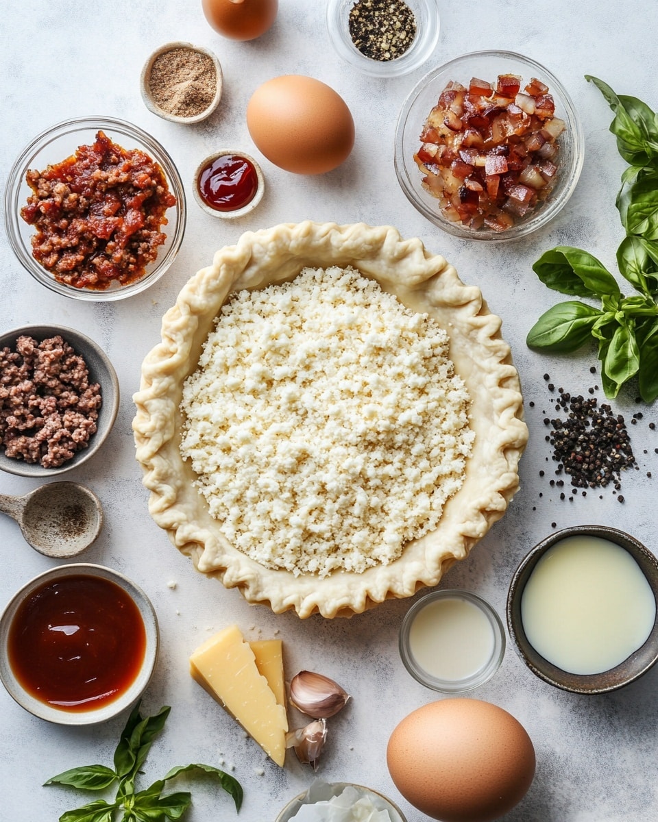 A slice of meat pie is shown on a white plate sitting on a white marbled surface. The pie has three main layers: a thick, light golden crust at the bottom and edges, a rich brown ground meat filling in the middle, and a melted mix of yellow and white cheese on top, with small green herbs sprinkled over the cheese. The crust looks flaky and rises slightly around the edges, holding in the dense meat and cheese layers. In the background, a round glass baking dish holds the rest of the meat pie. Photo taken with an iphone --ar 4:5 --v 7
