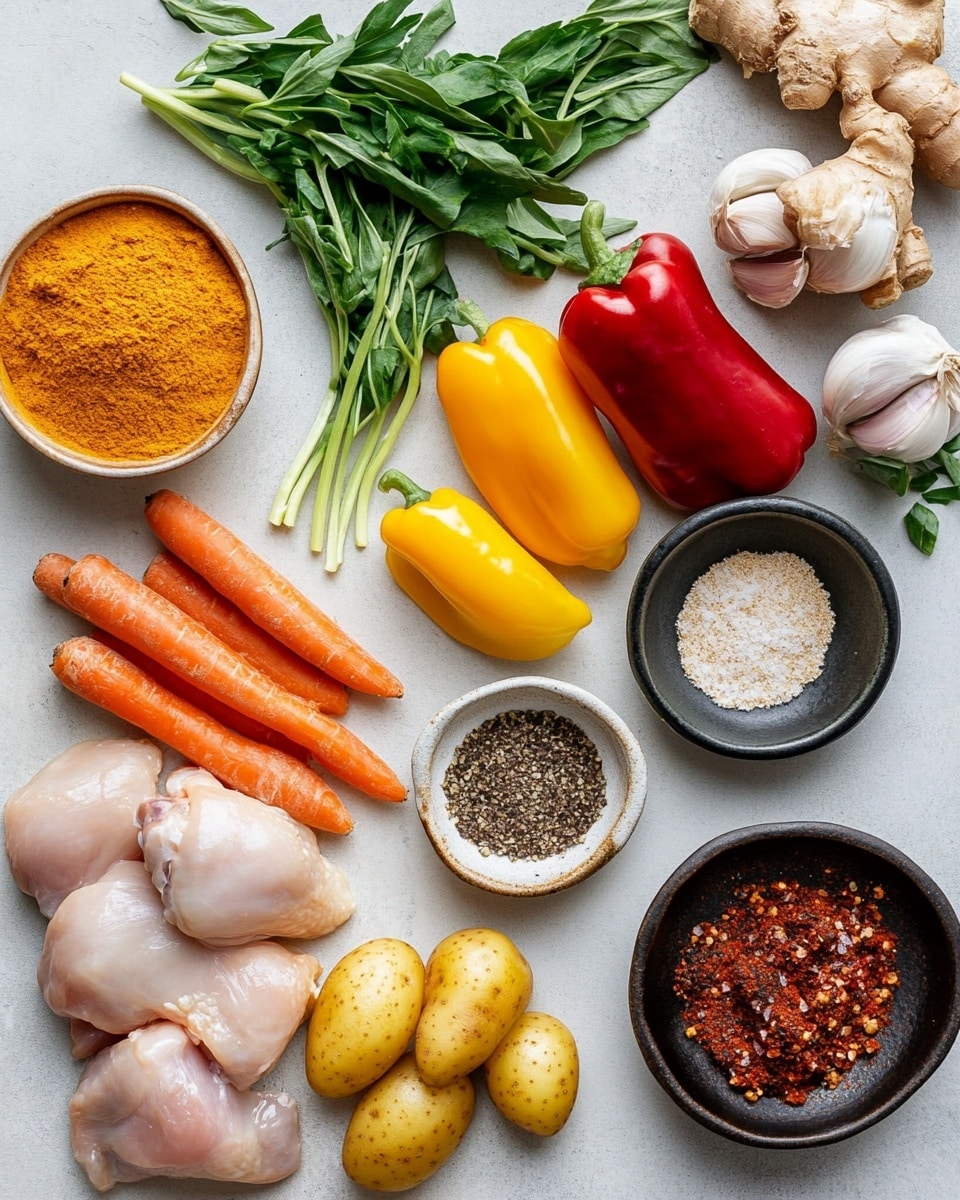 A top view of a white cast iron pot filled with a rich, brown stew containing multiple pieces of dark brown chicken drumsticks and thighs cooked in thick, glossy sauce. The dish has visible chunks of soft yellow potatoes, orange carrots, and small red pepper pieces mixed throughout, giving it texture and color variety. A wooden spoon rests on the right side inside the pot, slightly submerged in the stew. The pot is sitting on a dark wood surface with a few small green and red peppers and some fresh green thyme sprigs scattered around. There is a burnt orange cloth partially visible under the pot at the bottom right. Photo taken with an iphone --ar 4:5 --v 7