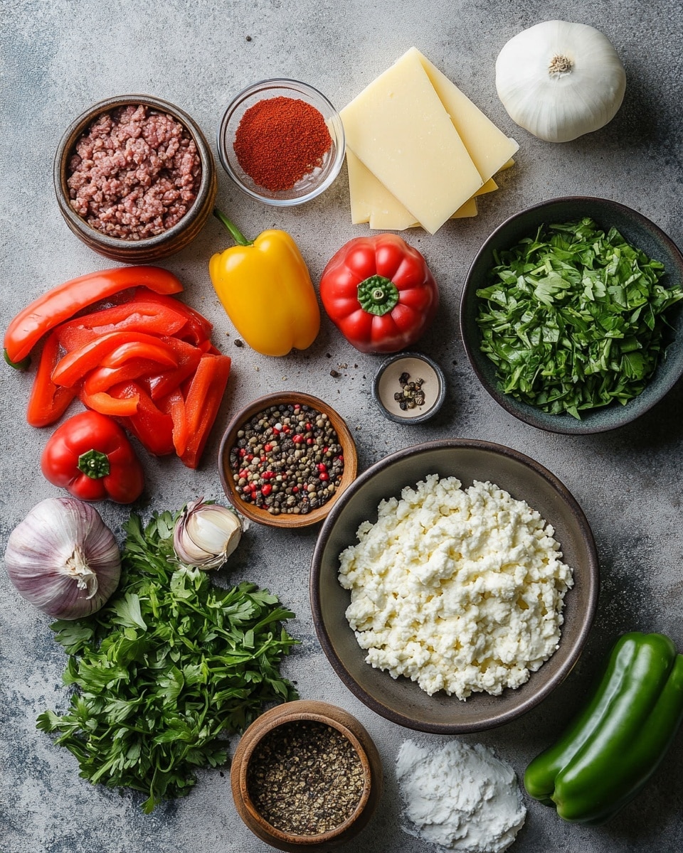 A close-up image of a white ceramic dish filled with a layered casserole being lifted by a silver spoon. The casserole has three visible layers: the top layer is golden brown and bubbly melted cheese with small green onion pieces scattered on it; the middle layer is a creamy white sauce mixed with small soft pieces of green and red peppers; the bottom layer contains browned ground meat mixed with bits of cooked vegetables. The background shows the white marbled texture surface blurred softly, highlighting the warm and hearty dish, photo taken with an iphone --ar 4:5 --v 7
