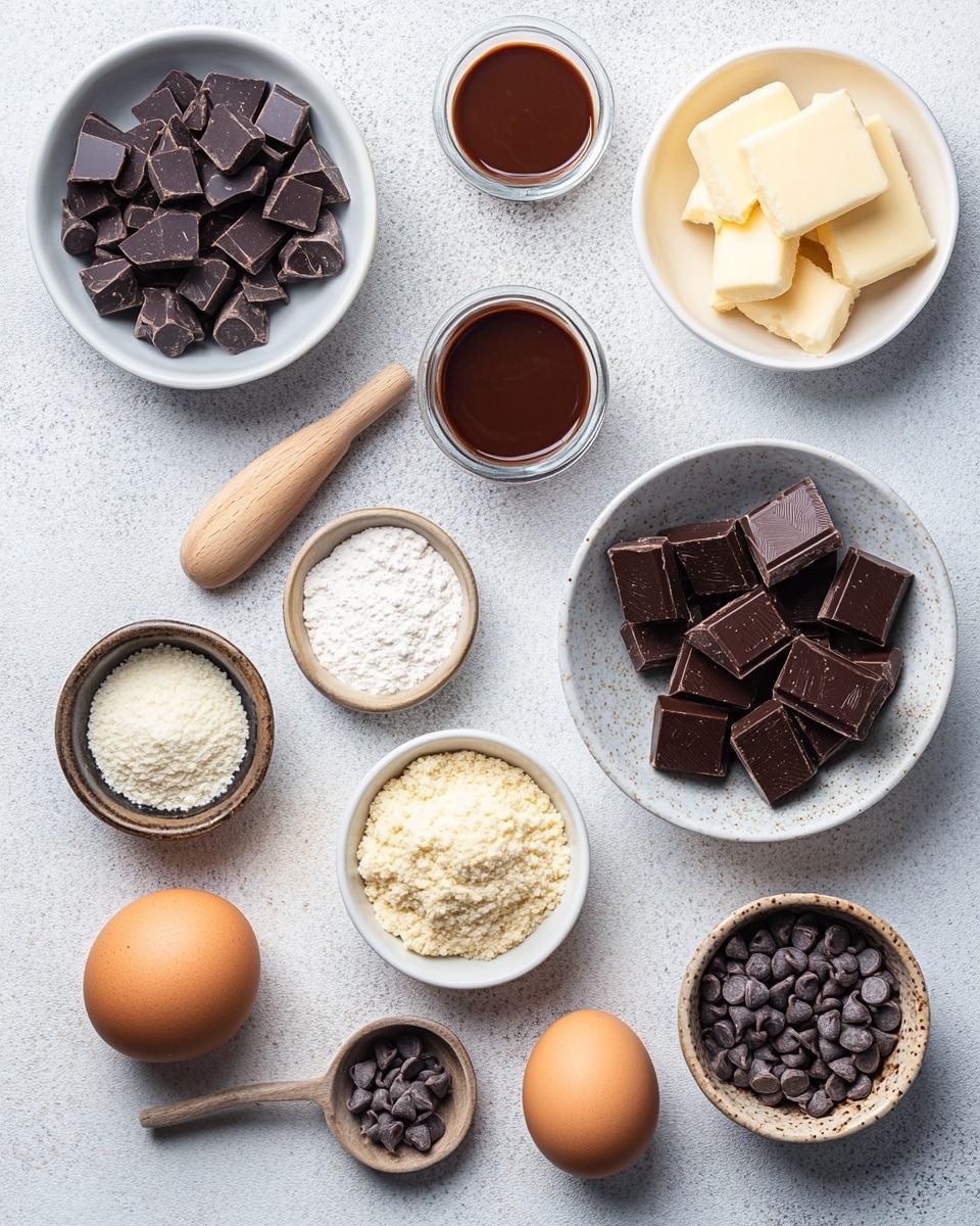 The image shows a round chocolate chip cookie baked in a black cast iron pan. The cookie has a golden-brown top layer with scattered, shiny dark chocolate chips. One slice has been removed, revealing a darker, moist, melted chocolate layer inside. The texture looks soft and slightly crumbly at the edges. There are a few cookie crumbs left in the pan, on a white marbled surface with a white cloth underneath. In the background, a white plate with a cookie slice is visible. photo taken with an iphone --ar 4:5 --v 7