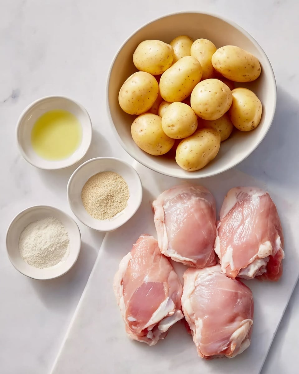 The image shows three raw chicken pieces with a smooth pink and white surface placed close to each other on a white marbled texture. Above the chicken, there is a white bowl filled with whole baby potatoes, some cut in half revealing a light cream inside and speckled with brown skin outside. To the left, there are two small white bowls: one contains a pale yellow liquid, and the other has a fine light beige powder. Photo taken with an iphone --ar 4:5 --v 7