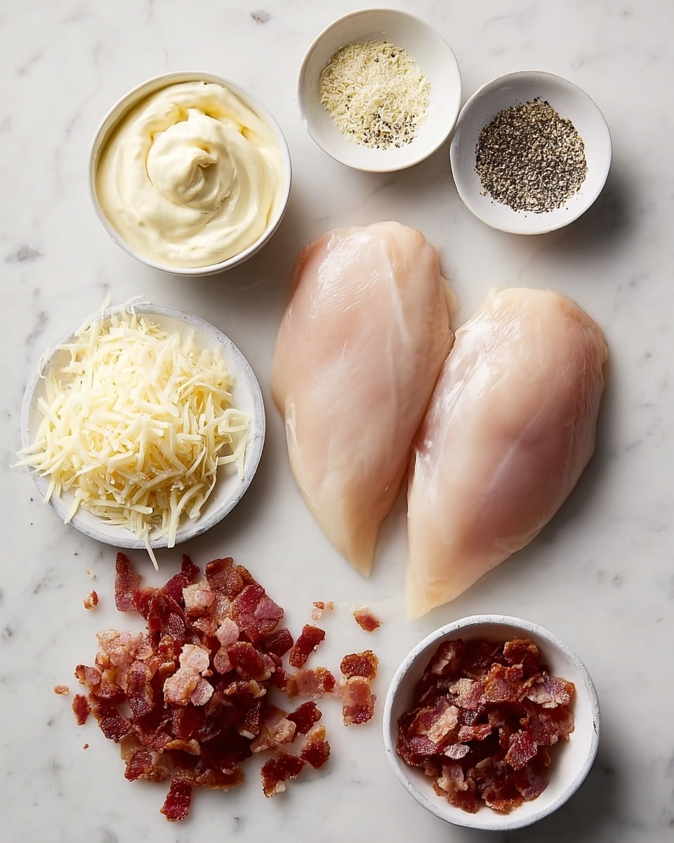 Two raw, smooth, light pink chicken breasts lie on a white marbled surface. Above them is a small white bowl filled with pale yellow creamy mashed potatoes. To the right of the mashed potatoes is a small white bowl with dark pepper seasoning, and below that is another small white bowl with white powdered seasoning. Below the chicken breasts is a loose pile of shredded white cheese next to a small heap of chopped crispy reddish-brown bacon. Another small white bowl with dark pepper seasoning sits to the left of the shredded cheese. The whole setup is neatly arranged and evenly spaced on the white marbled surface. photo taken with an iphone --ar 4:5 --v 7