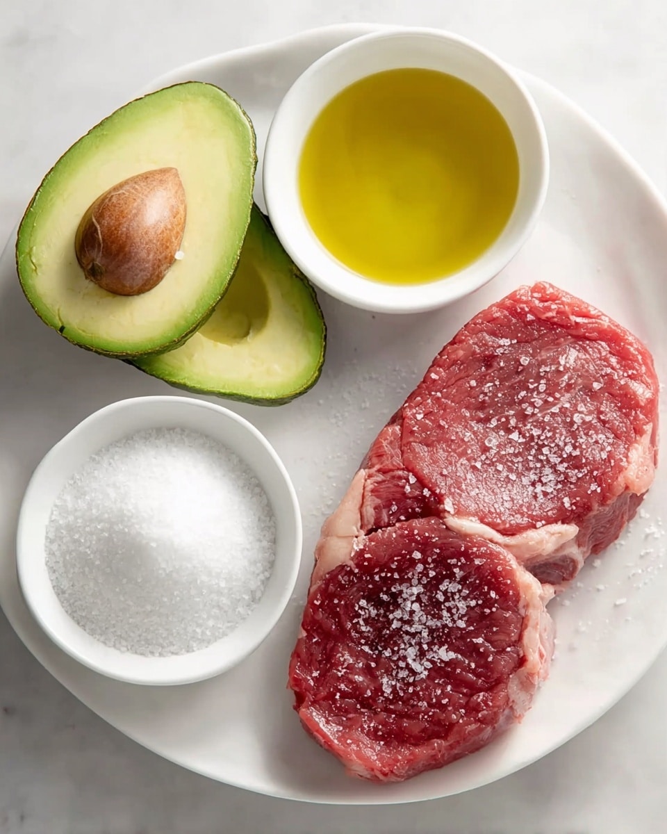 The image shows four items arranged on a white marbled surface. On the right side is a single raw steak with a red and pink color, white fat around the edges, and a slight sprinkling of salt on top. To the left of the steak, there are three white bowls arranged in a triangle shape: the top bowl holds yellow olive oil, the middle bowl is filled with coarse white salt, and the smallest bowl at the bottom contains more coarse white salt. Above these bowls, on the top left, is a half avocado with a dark green bumpy skin, light green flesh, and a large brown seed in the center. photo taken with an iphone --ar 4:5 --v 7