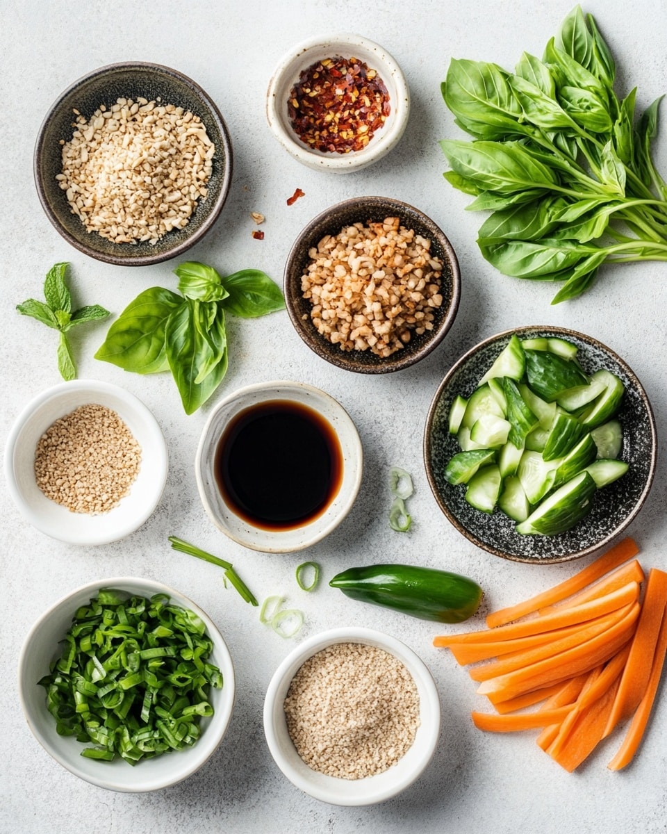 The image shows a wooden board with two rows of small fresh spring rolls. Each roll has one visible layer of transparent rice paper wrapping, showing dark brown meat and bright green leafy vegetables inside. Some rolls have small pieces of red chili or herbs on top. On one side of the board are lime wedges and green leafy garnish. Next to the rolls is a small white bowl filled with dark brown dipping sauce with sesame seeds and small chili pieces floating in it. The background has a white marbled surface. Photo taken with an iphone --ar 4:5 --v 7