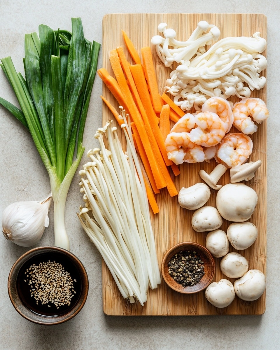 A white bowl filled with a colorful shrimp stir-fry noodle dish sits on a wooden board. The dish has three main layers: thick golden-brown noodles at the bottom, topped with round orange shrimp and bright slices of green zucchini, orange carrot, and small green broccoli florets, with thin slices of green jalapeño and light purple onion pieces mixed in. Bright green chopped scallions rest on top, adding freshness. A pair of light wooden chopsticks holds some noodles and vegetables above the bowl. Part of a black pan with more of the same dish is visible in the top right, resting on a crumpled mustard yellow cloth, all set on a white marbled surface. Photo taken with an iphone --ar 4:5 --v 7