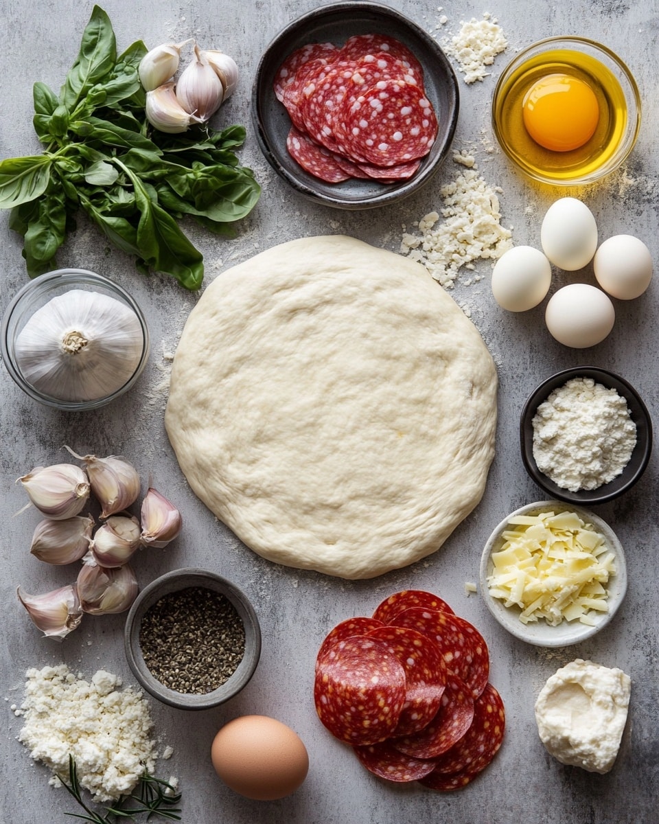 A golden-baked stromboli lies on crinkled white paper over a white marbled surface, with its crust speckled with herbs and light browning. The stromboli is sliced to show two thick slices in the foreground, revealing three visible layers inside: a pale melted cheese layer closest to the crust, a bright red layer of sauce in the middle, and thin, folded slices of pink deli meat. Behind the slices, the stromboli's uncut portion stretches out, showing the same herb-speckled crust. A clear glass bowl filled with chunky red marinara sauce sits slightly out of focus near the top of the image, with some green herbs blurred in the background. A white and black striped cloth lies gently folded near the bottom left corner, photo taken with an iphone --ar 4:5 --v 7