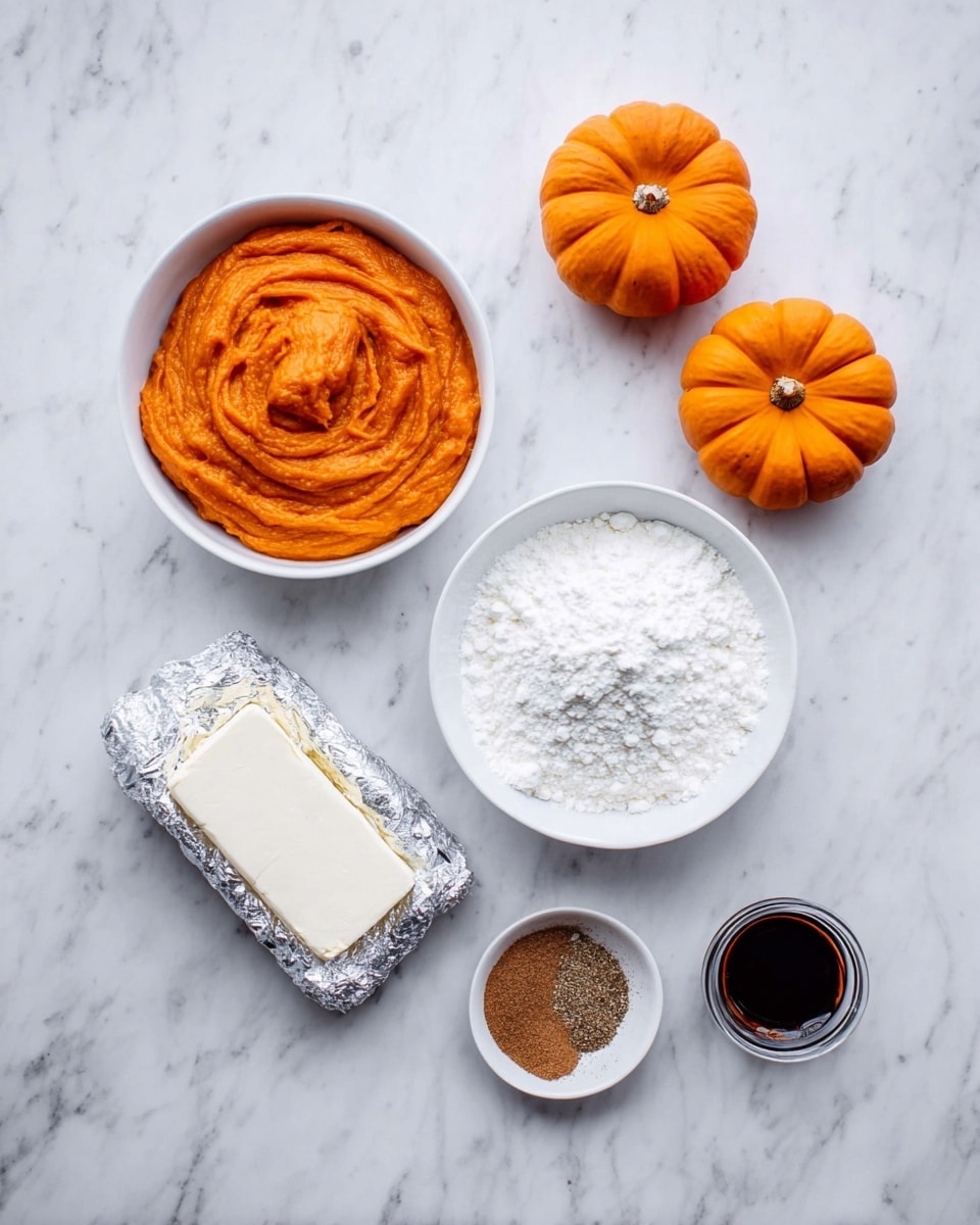 The image shows a white bowl filled with smooth, bright orange pumpkin puree with a textured swirl on its surface. Next to it is another white bowl carrying a mound of fine white powdered sugar. There is a silver foil-wrapped block of cream cheese placed nearby. In front of these, a small round container holds a brown spice mix, while a small glass cup contains a dark brown liquid. Two small orange pumpkins with soft ridges are arranged on the white marbled surface in the top right corner. The whole setup lies on a clean white marbled background. photo taken with an iphone --ar 4:5 --v 7