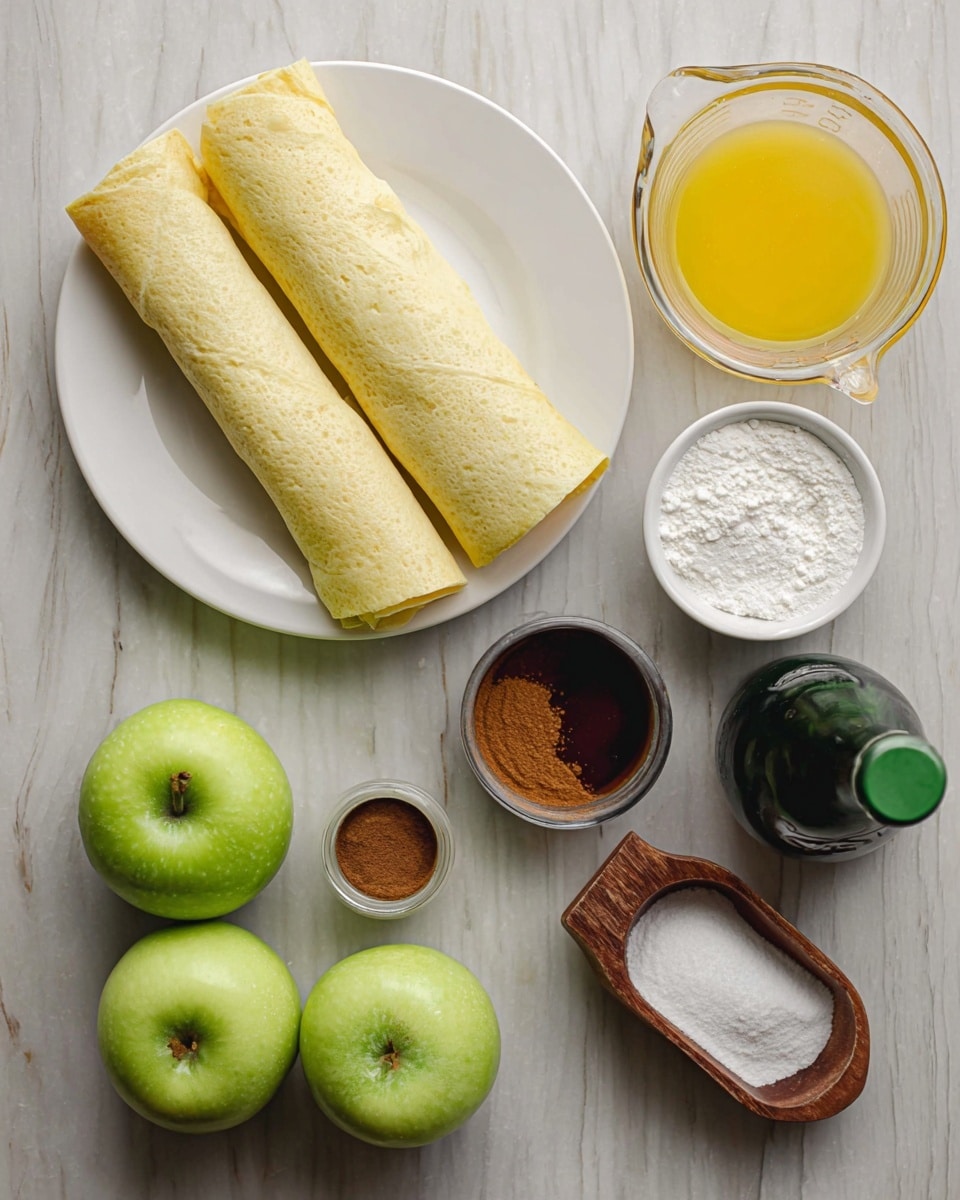 The image shows a white round plate with two rolled tortillas, light beige in color, placed side by side in the center. Below the plate on the left, there are two bright green apples with smooth skin. To the right of the apples, there is a small metal cup holding ground cinnamon, dark brown in color. Next to it is a larger wooden measuring cup filled with granulated white sugar. At the bottom right, a small white bowl contains salt, and a small glass cup holds a dark amber liquid, possibly vanilla extract. Above the sugar and bowls, there is a clear glass measuring cup filled with melted yellow butter. A brown bottle with a green cap is placed near the top left corner, all arranged on a warm wooden surface that would be described as a white marbled texture background. photo taken with an iphone --ar 4:5 --v 7