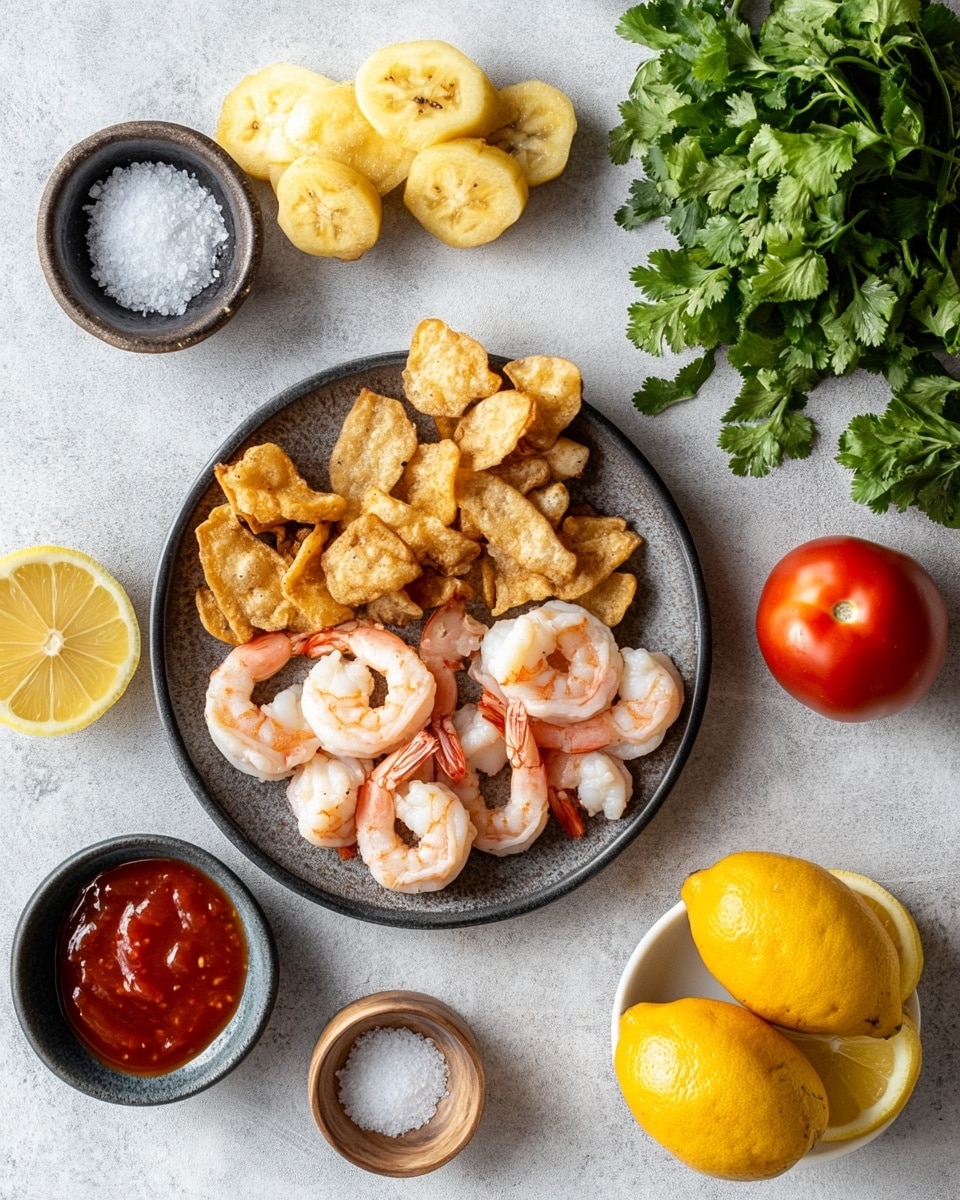 The dish shows a white plate with black curved lines near the edges, placed on a white marbled surface. In the center, there is a round, thick layer of light brown mashed food with a rough texture. On top of this base, several cooked shrimp with an orange-pink color and a slightly shiny surface are arranged, partially overlapping each other. Surrounding the base, there is an orange sauce with small chunks of red tomato scattered evenly. At the very top center, a small green leafy garnish adds a fresh contrast. photo taken with an iphone --ar 4:5 --v 7