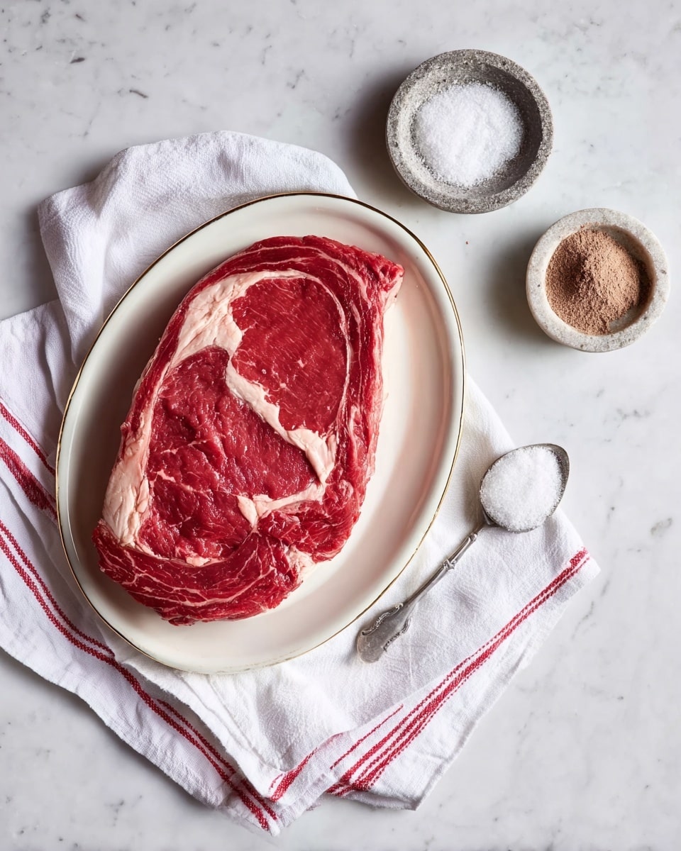 A large, thick raw red meat piece with visible white fat edges sits centered on a white plate with a thin golden rim. The plate rests on a white cloth with red stripes, laid on a white marbled surface. To the top right of the plate, there are two small round stone containers, one filled with white salt and the other with black pepper, with a tiny silver spoon holding salt beside them. The texture of the meat is smooth with some natural creases. photo taken with an iphone --ar 4:5 --v 7