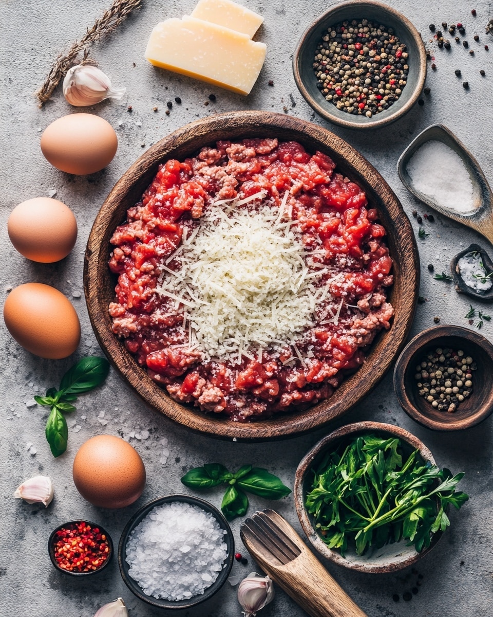 The image shows a close-up of many round meatballs covered in melted, browned cheese on a layer of red tomato sauce. Each meatball is topped with a fresh, bright green basil leaf, and bits of chopped green herbs are scattered over the cheese. The meatballs are placed tightly together in a white dish, and the melted cheese is bubbly with a golden brown color on top. The background is a white marbled texture. photo taken with an iphone --ar 4:5 --v 7