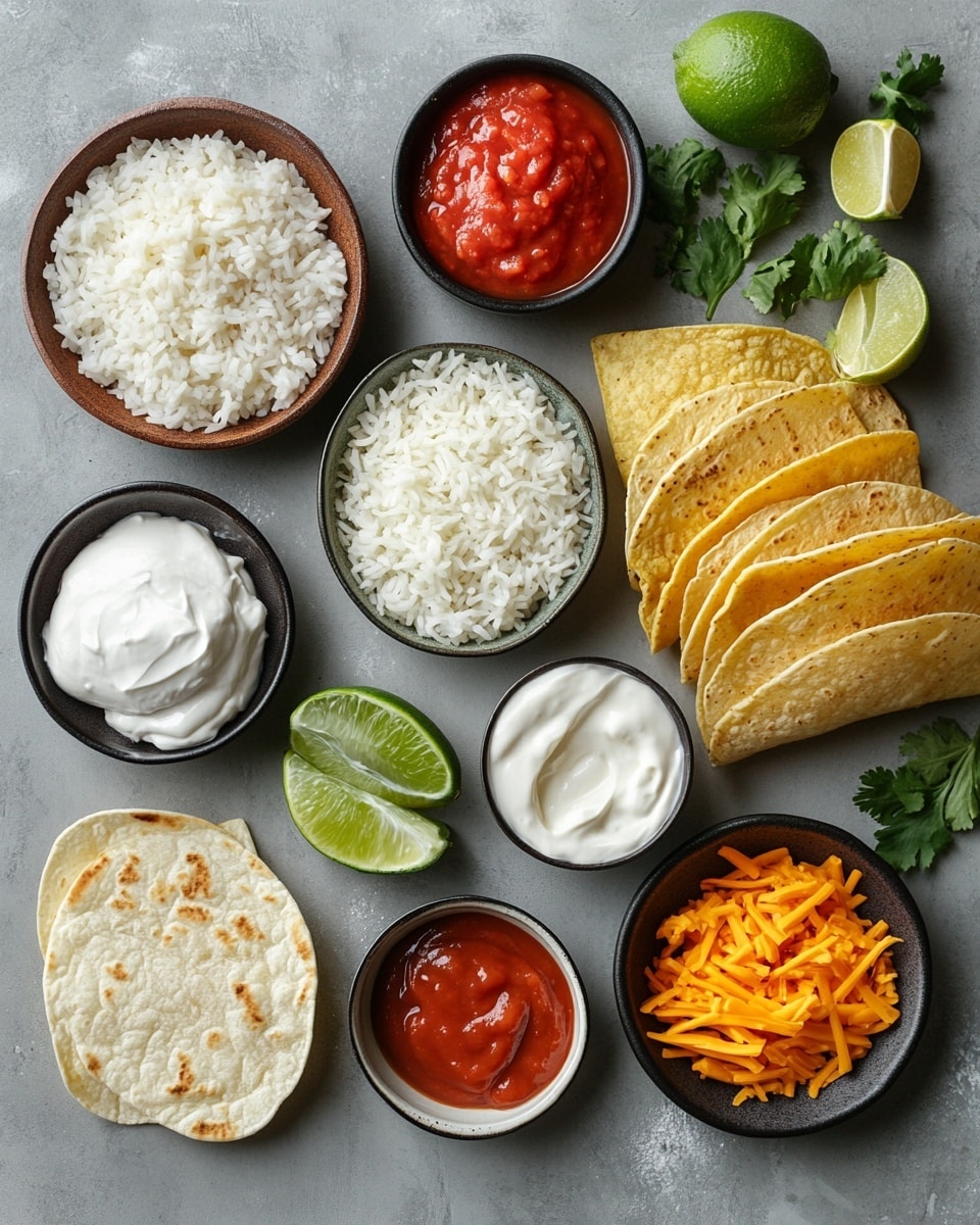 A stack of four rolled burritos sits on a white marbled surface, with two burritos cut in half and placed on top, showing their inside layers. Each burrito has a golden crispy outer shell with a slightly darker fried cheese crust. Inside, there are layers of white rice mixed with ground beef and creamy cheese sauces, creating textures of soft rice grains, crumbled meat, and melted cream. On the surface nearby, there are lime halves and creamy dipping sauce splattered on the white marbled background. The colors are warm with shades of golden brown, white, and light yellow. photo taken with an iphone --ar 4:5 --v 7