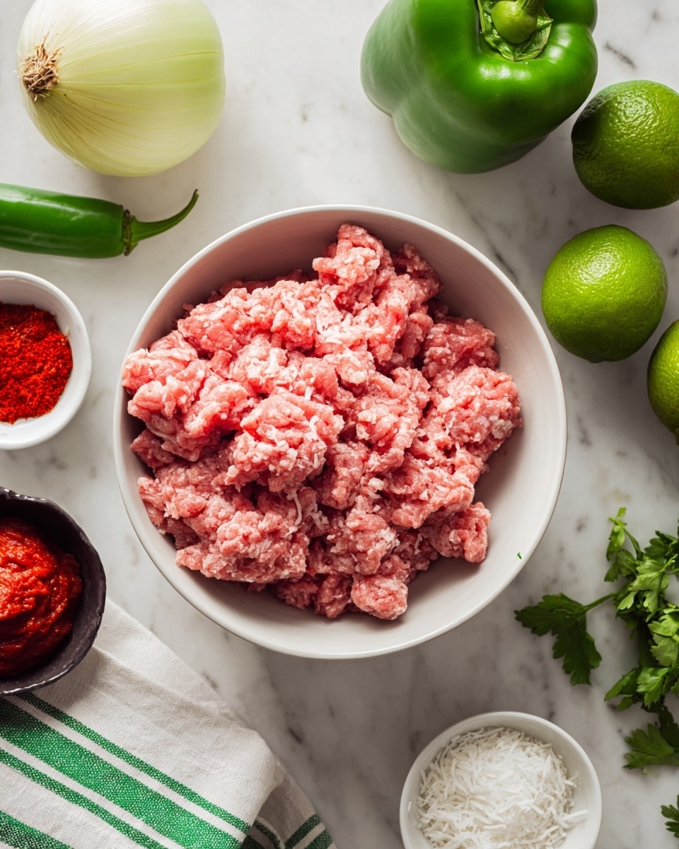 A white bowl filled with raw pink ground meat sits in the center of the image, showing uneven chunks and a soft texture. Surrounding it are fresh ingredients including two whole bright green limes to the top right, a shiny green bell pepper to the left, a yellow onion at the top left corner, and a small white bowl at the bottom right. There is a small green dish with white shredded coconut towards the bottom left, a small dark bowl with vivid red paste towards the top center, and fresh green herbs scattered on the right and bottom edges. A white cloth with green stripes is partially visible at the bottom left corner on a white marbled surface. Photo taken with an iphone --ar 4:5 --v 7