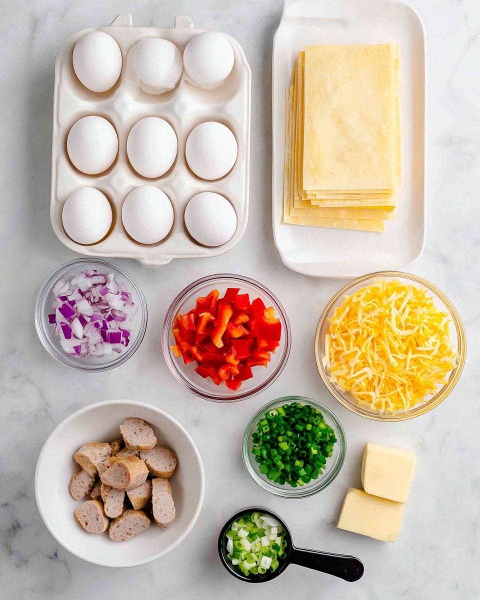 This image shows several small white bowls and containers arranged neatly on a white marbled surface. In the top left, there is a white egg tray holding six white eggs, with one egg resting outside the tray. To the right, a white rectangular dish holds several layered light yellow square sheets. Below the eggs, a white bowl is filled with finely chopped red bell peppers, while next to it, a similar bowl contains chopped purple onions. In the center, a clear round glass bowl holds small cut pieces of light brown sausage. Another clear bowl above it contains finely chopped green onions. To the right, a black measuring cup is filled with bright yellow shredded cheese, and just below it, two small square pieces of light yellow butter sit on the white marbled surface. Photo taken with an iphone --ar 4:5 --v 7