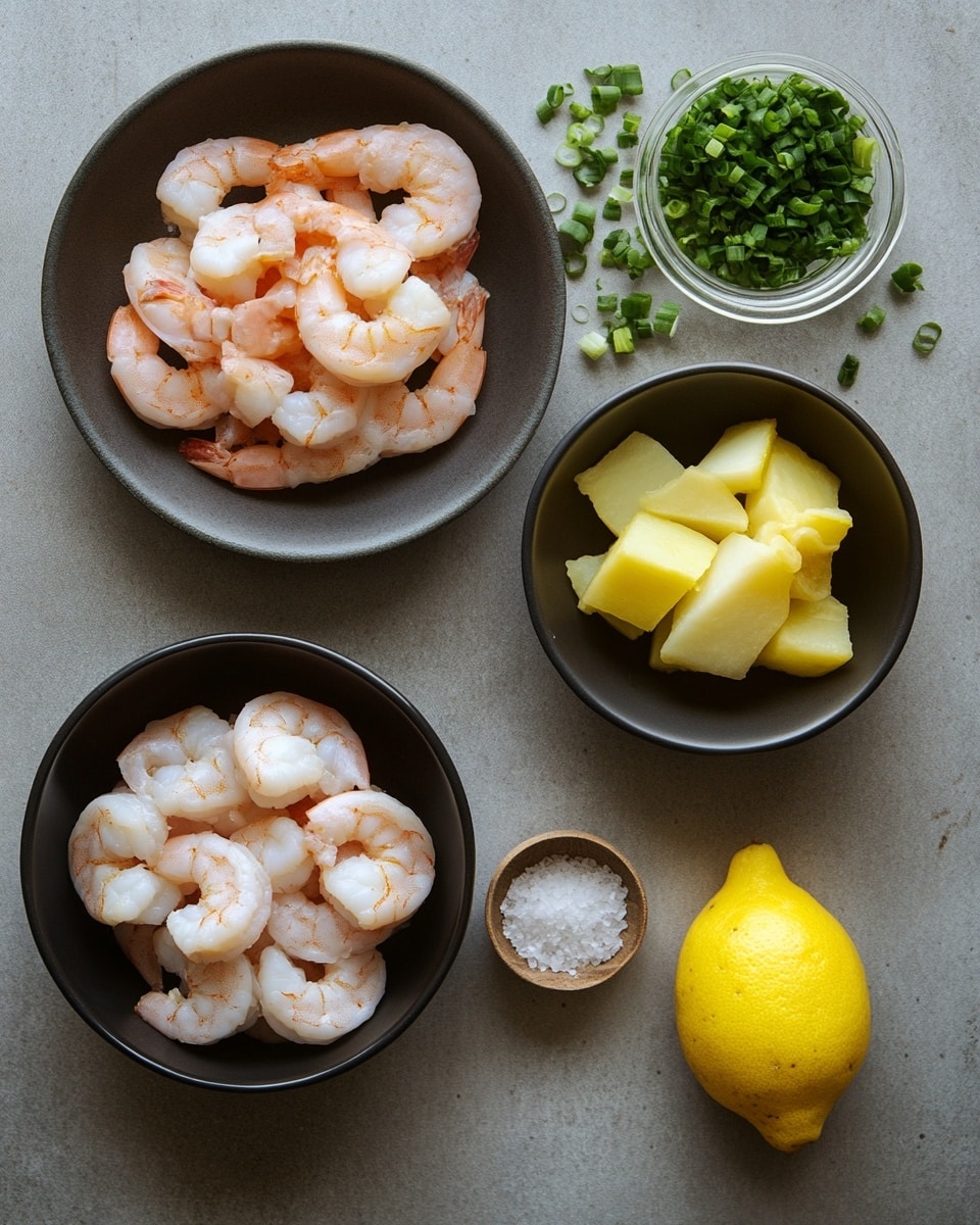 The dish shows a white oval serving dish filled with cooked shrimp and diced potatoes in two main layers. The bottom layer has small, pale yellow potato cubes with a soft texture, spread evenly across the dish. On top, there are many pink shrimp with visible tails, arranged evenly. Small green slices of chili or pepper and chopped green herbs are scattered over the shrimp, adding color. There is a silver spoon resting inside the dish on the right side. The dish sits on a green and white striped cloth, with two small white bowls and a dark bottle blurred in the background, all placed on a white marbled surface. Photo taken with an iphone --ar 4:5 --v 7