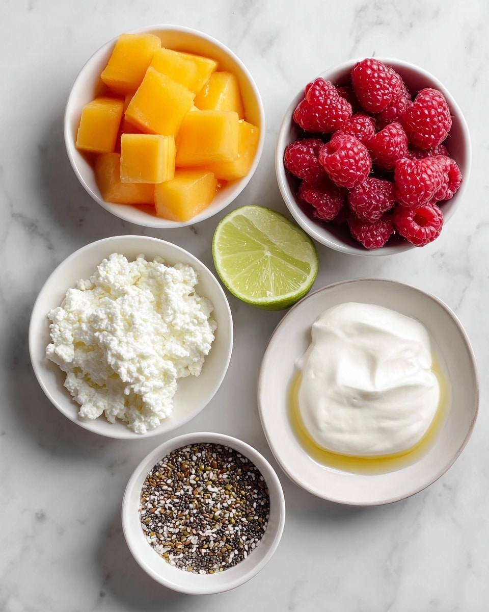 The image shows five small white bowls with different foods placed on a white marbled surface. Starting from the top left, the first bowl has bright orange-yellow cantaloupe melon cubes with a soft texture. To the right of it, there is a bowl filled with fresh red raspberries, bumpy and rich in color. Below the cantaloupe, a bowl contains creamy white cottage cheese with a slightly lumpy texture. On the right side, a white plate holds a smooth dollop of white yogurt or cream above a light green lime half with a juicy texture, accompanied by a small drizzle of golden honey. At the bottom right, the smallest bowl contains mixed seeds, mainly black and white chia seeds with small brown flax seeds, creating a speckled, grainy texture. Photo taken with an iphone --ar 4:5 --v 7