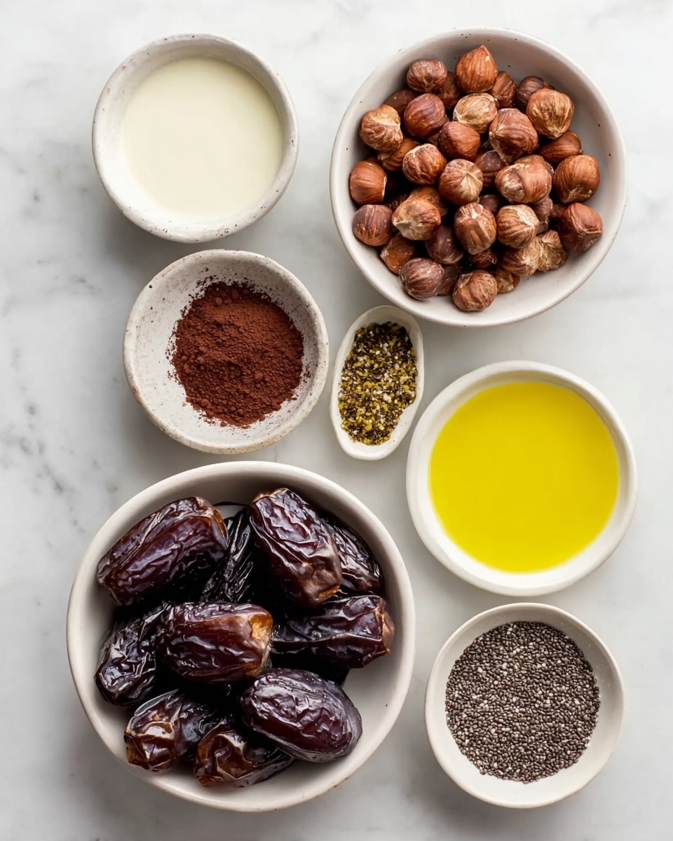 The image shows six white bowls arranged on a white marbled surface, each holding different ingredients. A medium-sized bowl in the center contains light brown hazelnuts covered with dark brown cocoa powder bits. Below it, a larger bowl holds shiny, dark brown dates with a smooth texture. To the left of the hazelnuts is a bowl filled with an off-white liquid, likely almond milk. At the top right, a small bowl contains bright yellow olive oil with a clear texture. Below it, a tiny bowl is filled with small black chia seeds. At the bottom right, another small bowl holds fine, dark brown cocoa powder next to a similarly sized bowl filled with coarse white sea salt. The ingredients are neatly placed and clearly visible. photo taken with an iphone --ar 4:5 --v 7