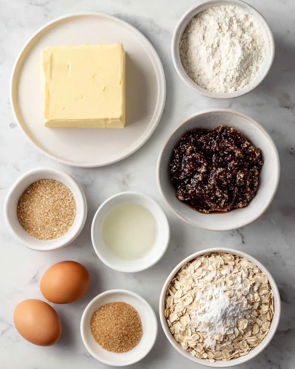 The image shows eight ingredients arranged neatly on a white marbled surface, each in white dishes except the three light brown eggs that are placed directly on the surface. On the top left is a small white plate holding a light yellow rectangular block of butter with visible texture on top. To its right is a white bowl filled with a thick dark brown mixture speckled with small light bits. Below the butter is a small white bowl with a clear liquid, next to it slightly to the right is another small white bowl filled with light brown granulated sugar. Below the sugar bowl, slightly left, is a small white bowl filled with fine white powder. On the right side near the middle is a white plate filled with fine white flour with a fluffy texture, and at the bottom right is a larger white bowl filled with light tan rolled oats. The three eggs are positioned in a small triangle at the bottom left. The photo was taken with an iphone --ar 4:5 --v 7
