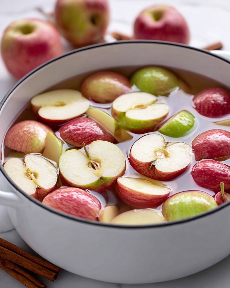 A white pot filled with water shows many red and green apple pieces floating on the surface. The apples are cut into large uneven chunks, some showing their creamy inner flesh and seeds. The water is clear, filling most of the pot. The pot is on a white marbled surface with some blurred apples and cinnamon sticks in the background. Photo taken with an iphone --ar 4:5 --v 7