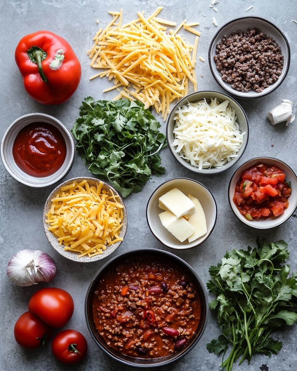 A white bowl filled with a thick, creamy orange cheese dip with visible chunks of browned meat and beans. The surface is topped with melted bright orange cheese, slightly browned around edges, and scattered green cilantro leaves. A woman's hand with dark pink glittery nail polish holds a yellow corn chip dipping into the cheese and meat mix, lifting a scoop showing the creamy texture with bits of green cilantro. The background has a white marbled texture surface. photo taken with an iphone --ar 4:5 --v 7