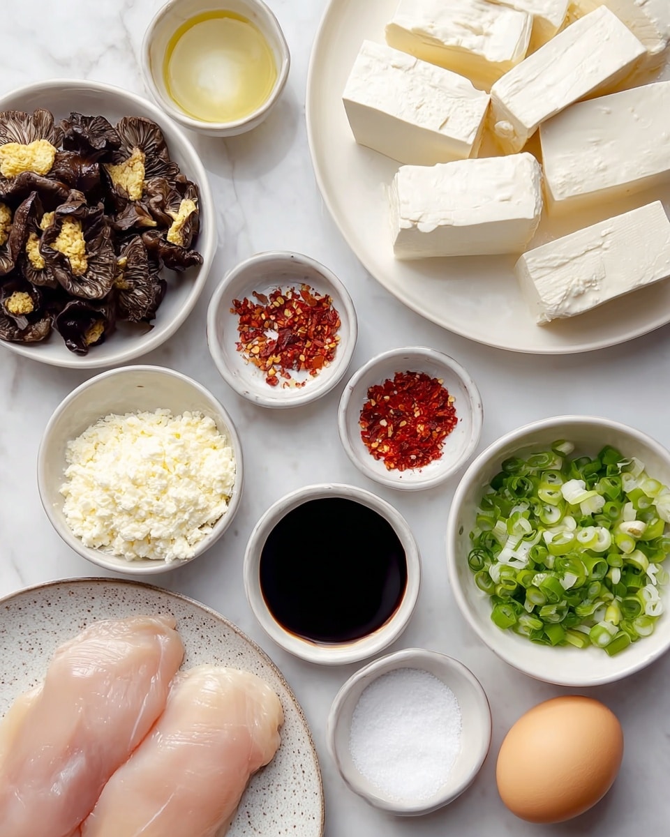 The image shows a top view of nine white ceramic bowls on a white marbled surface, each holding different cooking ingredients. In the bottom left, there are two raw chicken fillets with a smooth, pale pink texture. Above them, there are dark, wrinkled dried mushrooms with some orange spots. To the right of the chicken, there is a small bowl with white sugar, and behind it, two brown eggs are partially visible. To the center left, thinly sliced pale green scallions with white centers fill a bowl. Directly above the scallions, a bowl of white blocks of tofu sits. In the middle, a bowl of very dark soy sauce has a shiny surface. To the right, two small bowls contain bright red chili flakes, and a larger bowl holds finely grated pale yellow cheese. photo taken with an iphone --ar 4:5 --v 7