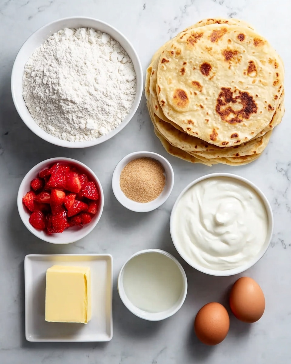 The image shows a white marbled surface with several white bowls and a white rectangular plate containing ingredients for cooking. On the top right, there is a stack of seven round, light brown flatbreads with darker brown spots. Below the flatbreads, there is a white bowl filled with plain white yogurt. Next to it on the left are three brown eggs placed in a small cluster. Near the bottom left corner, there is a white rectangular plate with a block of pale yellow butter. Above the butter, there are four small white bowls: the top left one contains white flour, the next one below it holds a mix of white sugar and oil, the one in the middle is filled with golden brown sugar, and the bottom one has chopped bright red strawberries. The setting has a bright and clean look. photo taken with an iphone --ar 4:5 --v 7