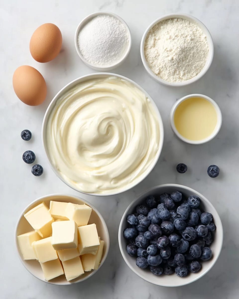 The image shows seven white bowls and one brown egg arranged on a white marbled surface. In the center is a bowl filled with smooth, creamy white yogurt. Surrounding it, at the bottom left, is a bowl with several pale yellow butter cubes, and next to it on the right is a bowl filled with fresh, dark blue blueberries. Above these, from left to right, there is a small bowl of granulated sugar, a bowl of white flour, and a bowl with a light yellow liquid, possibly vanilla or oil. Scattered around the bowls are a few loose blueberries adding a natural touch. The photo taken with an iphone --ar 4:5 --v 7