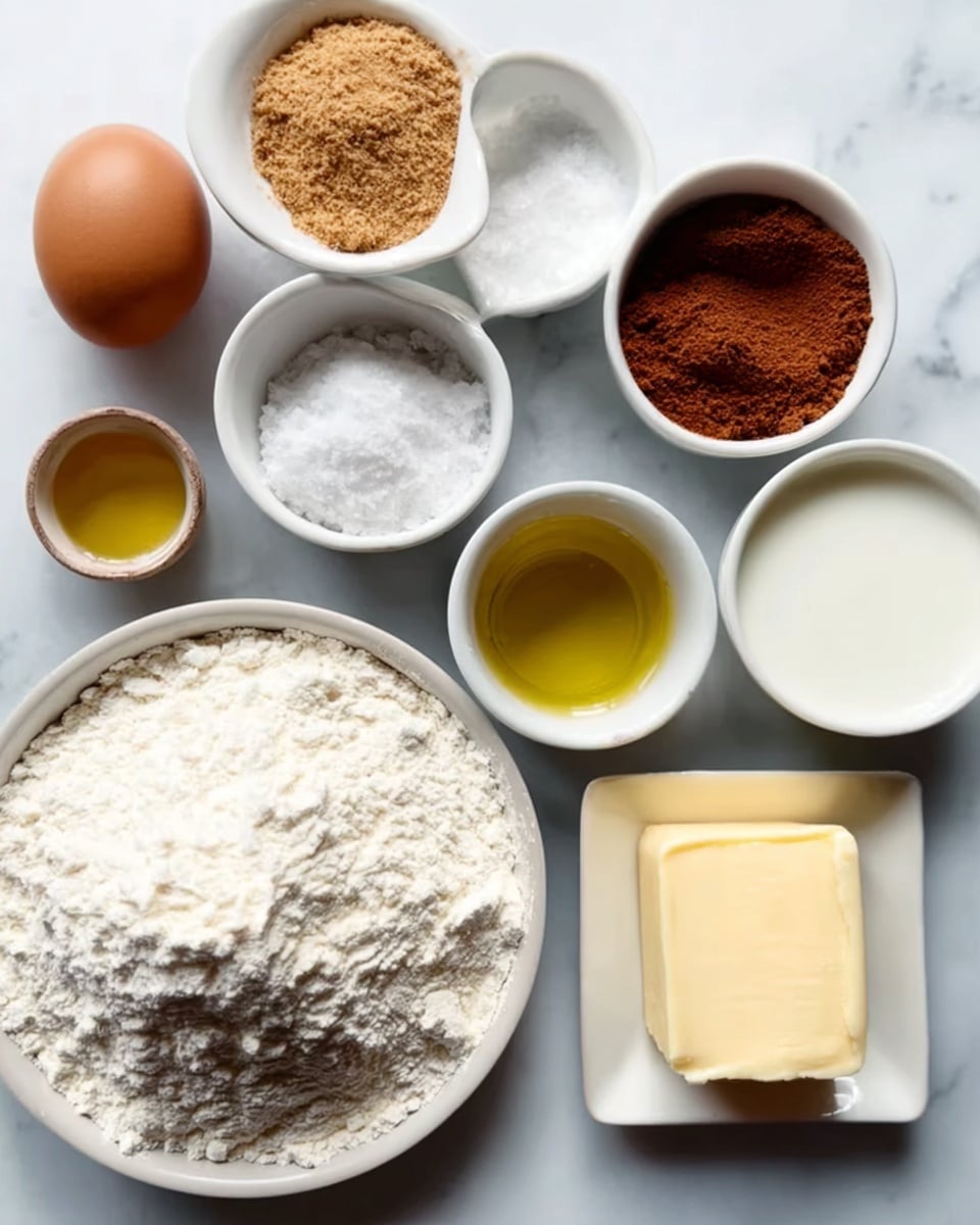 The image shows several small white bowls and a white plate arranged on a white marbled surface, each holding different ingredients. In the center, a white plate is full of white flour with a slightly uneven, powdery texture. Surrounding it are small white bowls filled with various ingredients: one contains light brown small pieces of brown sugar, another holds a single brown egg, while one bowl has a dark brown powder, likely cinnamon or a similar spice, and another has a lighter brown powder, possibly a different spice. There is a bowl with a light greenish-yellow liquid, another contains a yellowish clear liquid which looks like oil, one bowl holds white salt, and a square white dish holds a stick of pale yellow butter. Photo taken with an iphone --ar 4:5 --v 7