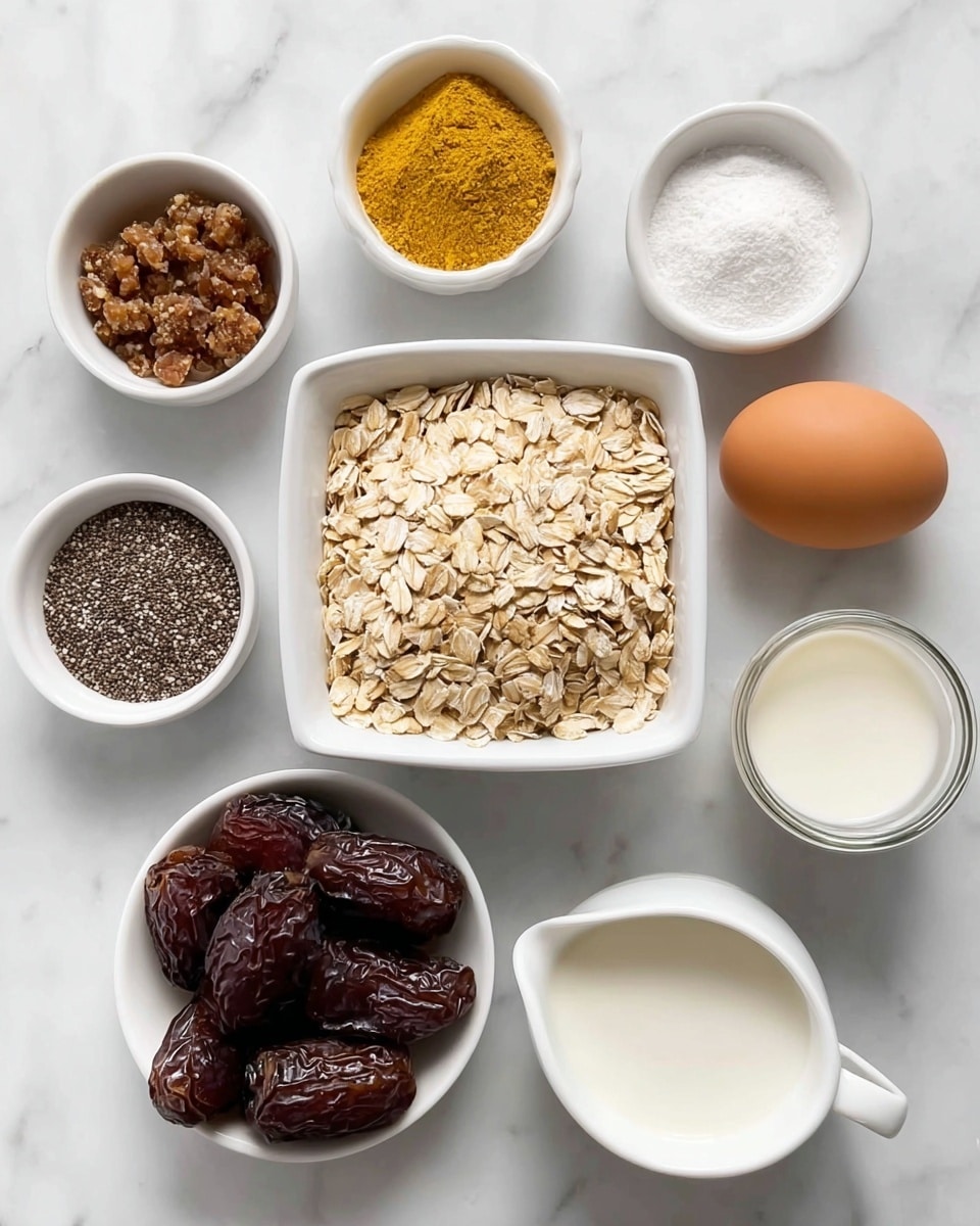 The image shows several small white bowls and one white square bowl, all placed on a white marbled surface. The largest bowl in the center holds a pile of pale rolled oats. Surrounding it are smaller bowls with various ingredients: golden brown sugar granules, dark brown chopped dates, bright yellow grated ginger, tiny black chia seeds, and fine white salt. Two brown eggs lie near the oats, and a small white pitcher holds a clear liquid, likely milk. The textures vary from the smooth eggs to the coarse sugar and oatmeal, with colors ranging from deep browns and yellows to whites. Photo taken with an iphone --ar 4:5 --v 7