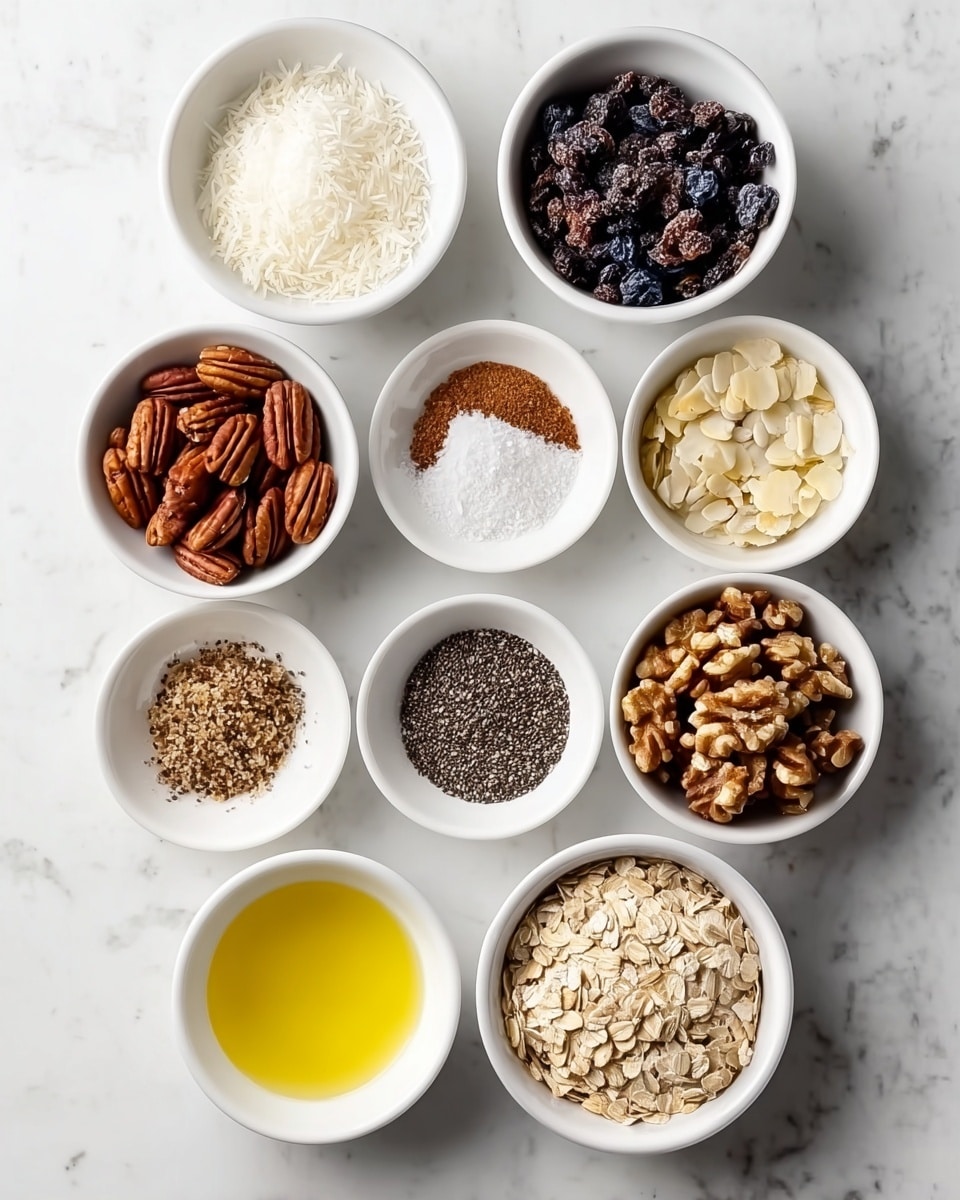 There are nine white bowls placed on a white marbled surface. The top left bowl is filled with shredded white coconut. To its right is a bowl full of whole pecans, and below it is a bowl with dark dried blueberries. Next to the blueberries is a bowl with a mix of cinnamon and a light powder, while to its right is a bowl with small black chia seeds. The bottom left bowl contains walnut halves, and to its right is a bowl with sliced almonds. Above the almonds, there is a small bowl of white salt, and next to it on the right is a small bowl with golden yellow melted butter. The bottom right bowl is filled with rolled oats. All bowls are neatly arranged, and the lighting highlights the textures and colors of each ingredient clearly. photo taken with an iphone --ar 4:5 --v 7