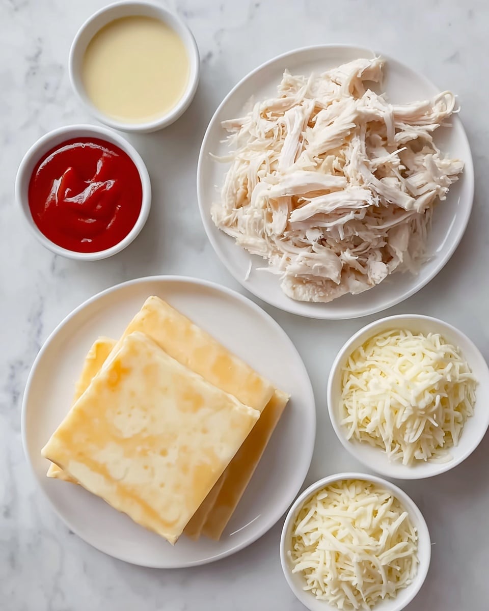 The image shows five white dishes on a white marbled surface. The main dish in the center contains a smooth pale yellow block with a slightly shiny texture, looking like softened cheese or tofu. To the top right, there is a white plate with shredded white cooked chicken piled high and fluffy in texture. Surrounding these two are four small white bowls: the top left bowl holds a light brown liquid, the bottom left bowl contains a small amount of white creamy sauce, the bottom right bowl is filled with shredded pale yellow cheese, and the top right bowl contains a bright red sauce with a smooth texture. Photo taken with an iphone --ar 4:5 --v 7