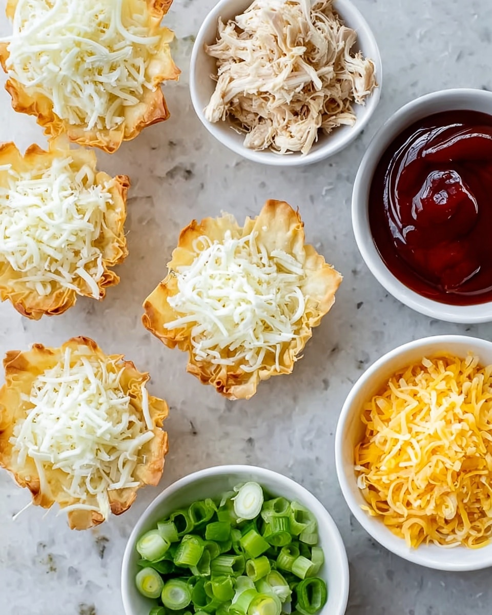 The image shows a white marbled surface with several small white bowls and filo pastry cups laid out. There are eight light golden filo pastry cups filled with white shredded cheese arranged in a loose group on the left side. Surrounding the pastry cups are five small white bowls placed on the right side and top right corner, each containing different ingredients: one bowl holds shredded cooked white chicken, another is filled with chopped green onions, one has bright yellow shredded cheddar cheese, another contains a dark red barbecue sauce, and the fifth bowl is empty or partially shown. The colors contrast nicely, with the white bowls and pastries standing out against the marbled background. photo taken with an iphone --ar 4:5 --v 7