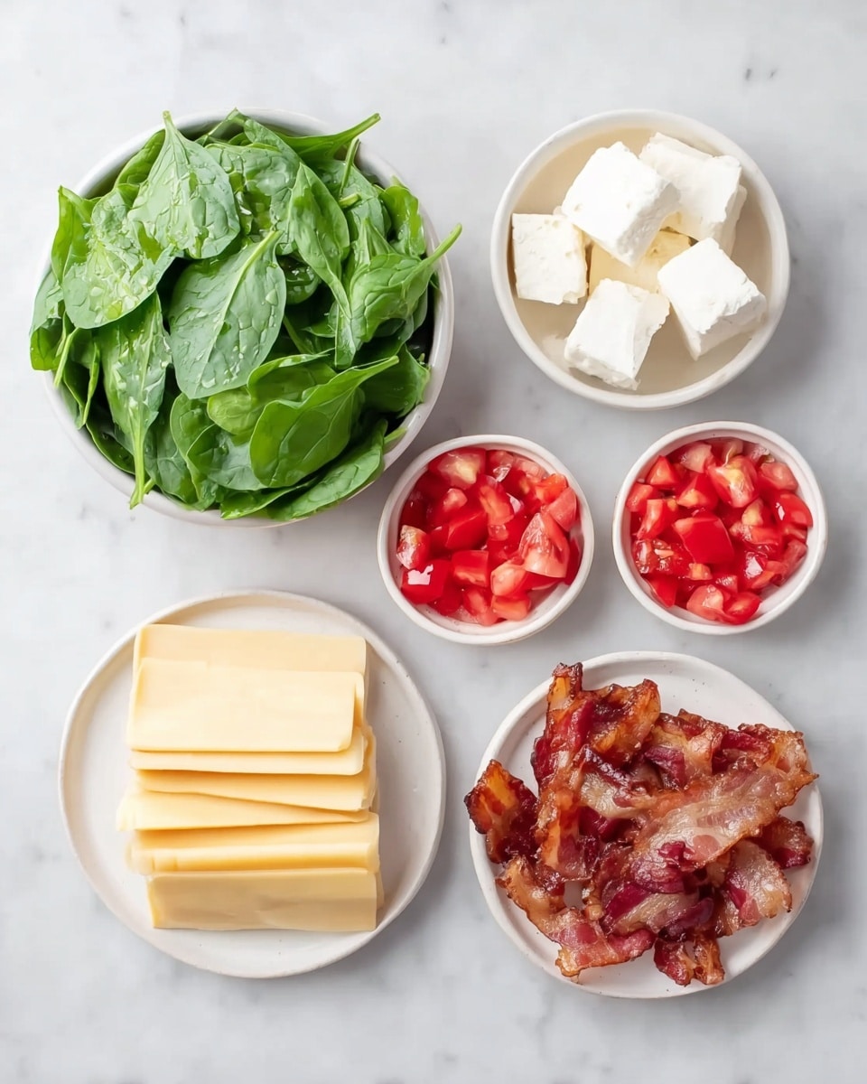 The image shows six white dishes arranged on a white marbled surface. At the top left, there is a bowl filled with fresh green spinach leaves. To its right, a smaller bowl contains several thick white cubes of cream cheese. Below the spinach, a small bowl holds bright red chopped tomatoes, with a similar bowl of chopped tomatoes positioned at the bottom right corner. In the center right, a plate is stacked with cooked crispy bacon strips, their reddish-brown color contrasting with the white plate. At the bottom left, slices of pale yellow cheese are neatly arranged on a white plate. The colors and textures of each ingredient are clearly visible, and the setting is neat and well-lit photo taken with an iphone --ar 4:5 --v 7