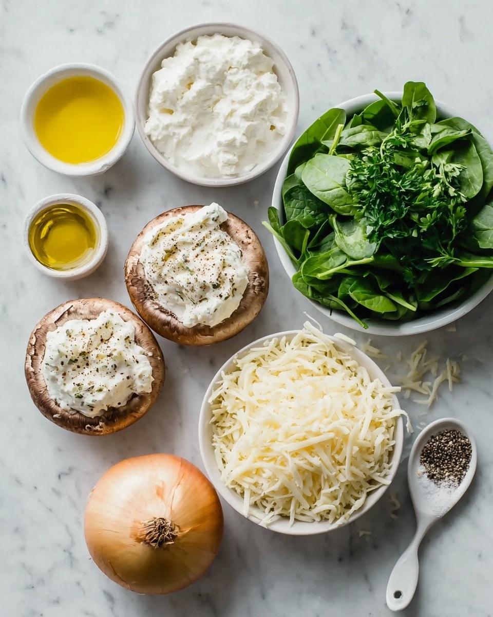The image shows ingredients arranged neatly on a white marbled surface. There are five whole mushrooms, one of which is topped with a layer of creamy white cheese sprinkled with black pepper. To the left, a small clear white bowl contains golden olive oil, and below it, a larger white bowl is filled with more white creamy cheese. On the right side, a white bowl holds fresh green spinach and chopped parsley. Below, there is a whole brown onion placed next to a white bowl filled with shredded cheese, and beside it, a small white dish has black pepper and white powder, likely seasoning. Each item is clearly visible and neatly placed. Photo taken with an iphone --ar 4:5 --v 7