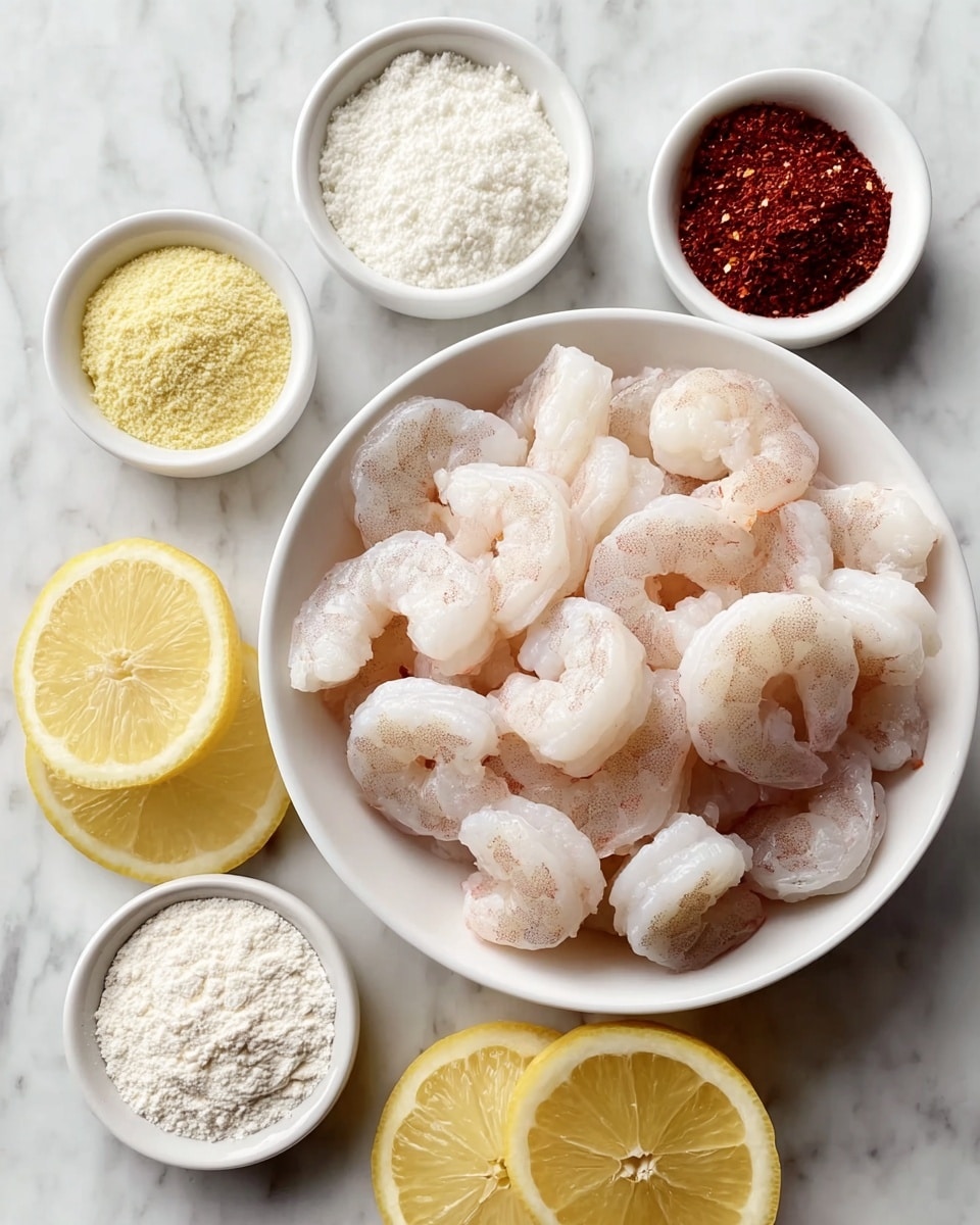 A white bowl filled with raw peeled shrimp that are translucent white with faint pinkish-gray patterns sits in the center on a white marbled surface. Around the bowl, there are five small white bowls arranged loosely in a circle; each bowl holds a different ingredient: a powdery white substance, light yellow granules, bright red chili flakes, and another fine white powder. To the top left of the bowl, there are three halves of fresh lemons showing pale yellow flesh and white pith. The whole setup rests neatly on the smooth white marbled background. photo taken with an iphone --ar 4:5 --v 7