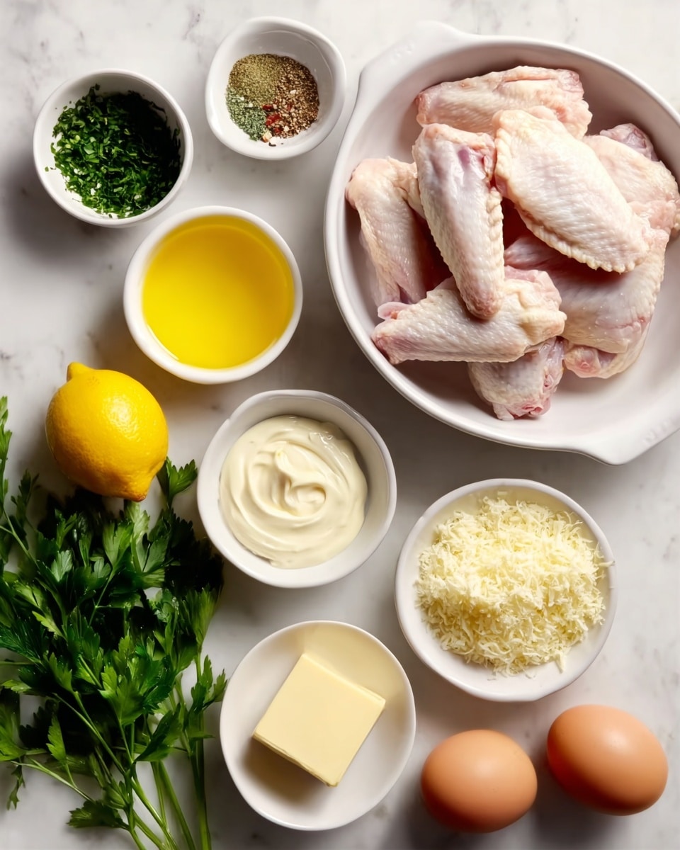 A white oval bowl in the center filled with raw chicken wings showing pale pink and white skin, surrounded by small white bowls containing bright green chopped parsley, a square piece of pale creamy butter, finely grated off-white cheese, and a thick light yellow mayonnaise-like sauce. Two brown eggs rest on the white marbled surface next to the bowls. A whole yellow lemon and a small glass bowl of golden yellow oil are also placed around the main bowl, with fresh parsley sprigs lying on the surface. The overall setting is neat, with a clean white marbled texture background. Photo taken with an iphone --ar 4:5 --v 7