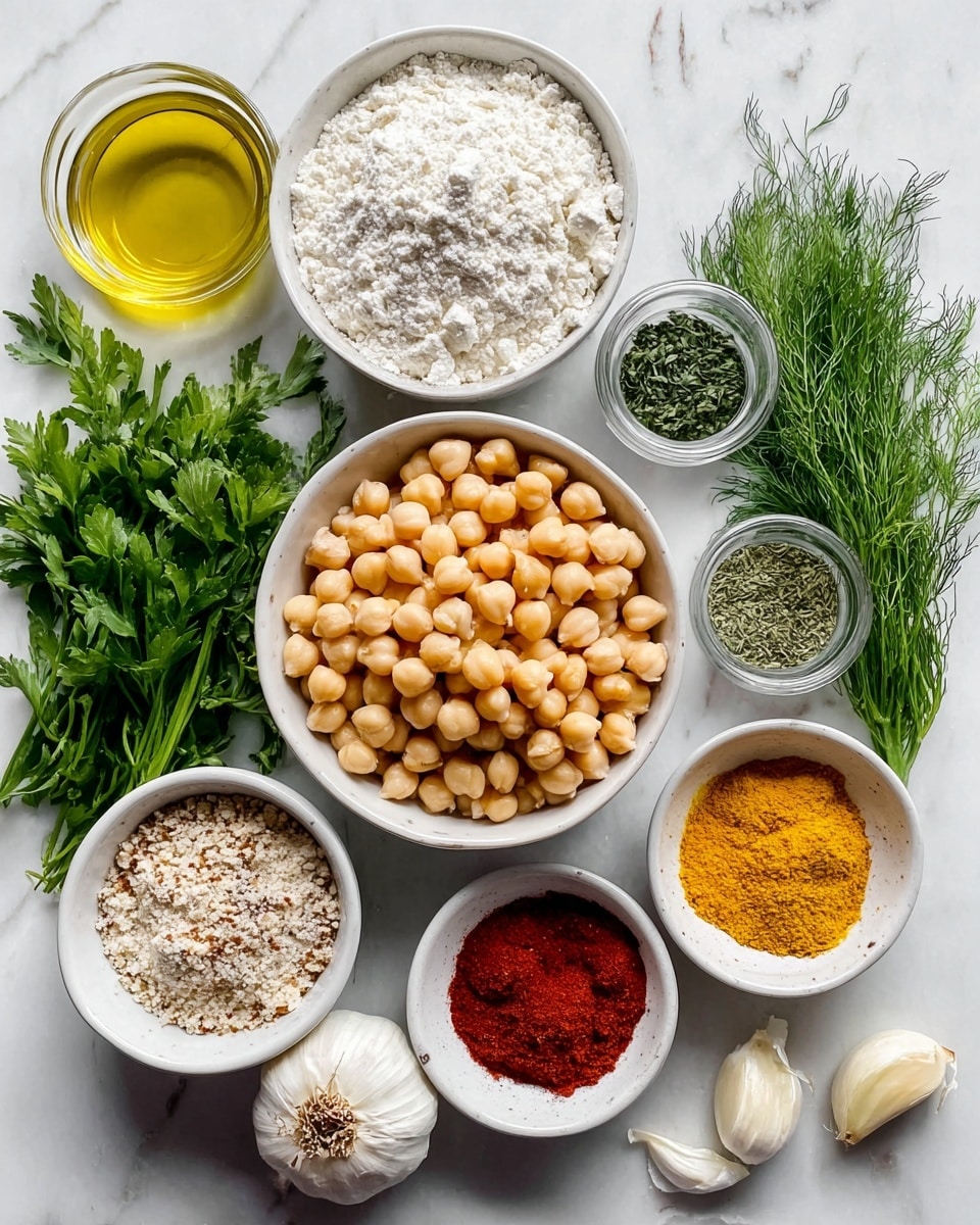 The image shows a top view of several white bowls and a bunch of fresh herbs of different shades of green, arranged neatly on a white marbled surface. In the center is a white bowl filled with smooth light beige chickpeas. To the top right, a larger white bowl holds fine white flour with a slightly uneven surface. Above the chickpeas is a clear glass bowl with bright golden yellow oil. Below the chickpeas, a small white bowl contains a coarse beige and black spice mix with visible seeds. To the right of this spice mix, a whole bulb of garlic with a few loose cloves is placed on the marble. Surrounding the garlic and flour are small white bowls filled with different ground spices: finely dried green herbs, bright yellow powder, and reddish-brown powder. Fresh green sprigs of parsley and dill add contrast on the left side. The photo taken with an iphone --ar 4:5 --v 7