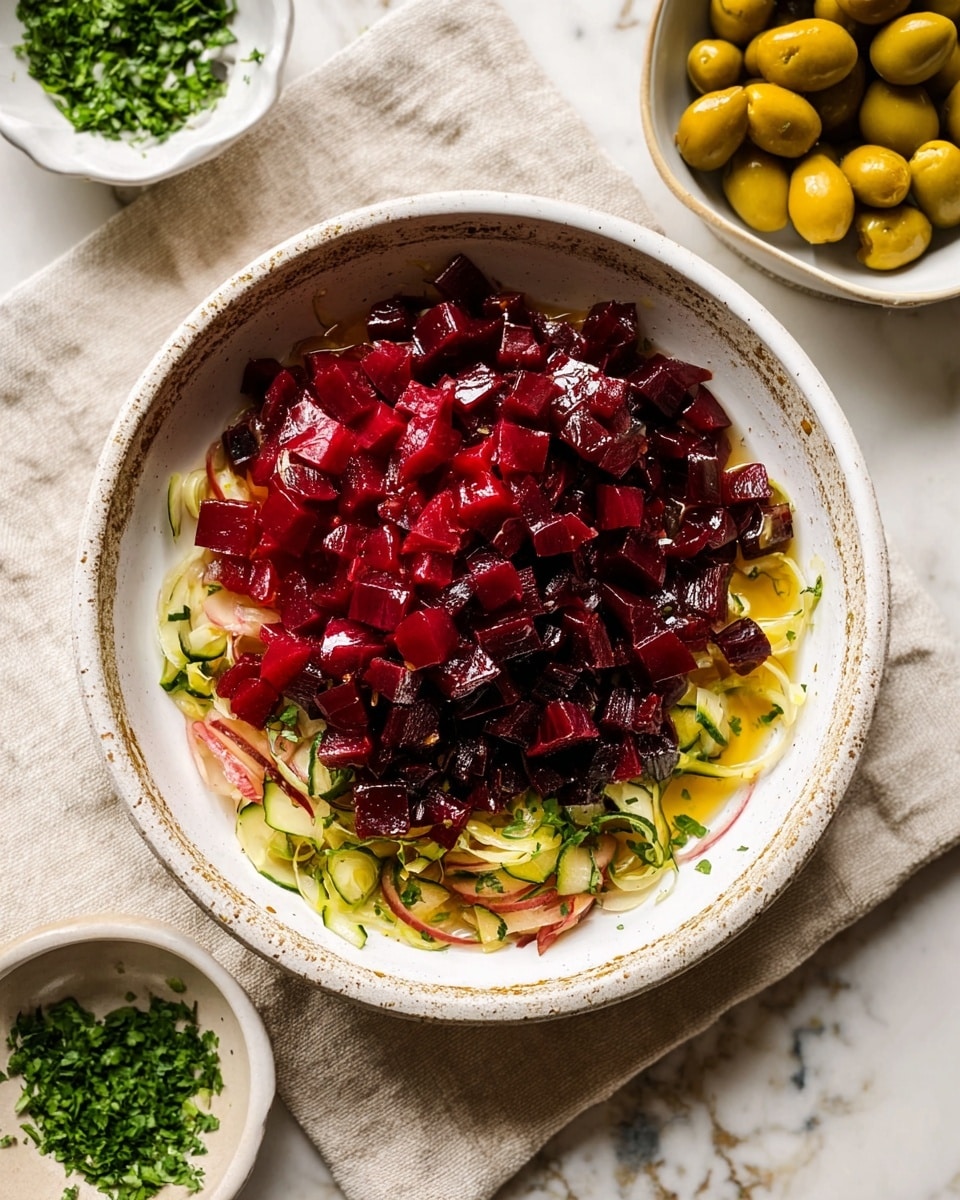 This image shows a close-up of a beet salad in a white bowl on a white marbled surface. The salad has roughly three main layers mixed together: deep red beet cubes, thin slices of pinkish-red onions, and a scattering of chopped bright green herbs. There are also small pieces of light green olives mixed in, all covered with a shiny light oil dressing that makes the colors vibrant and glossy. The textures look fresh and moist, with the beets smooth but firm, onions soft and slightly translucent, and herbs finely chopped and fresh. Photo taken with an iphone --ar 4:5 --v 7