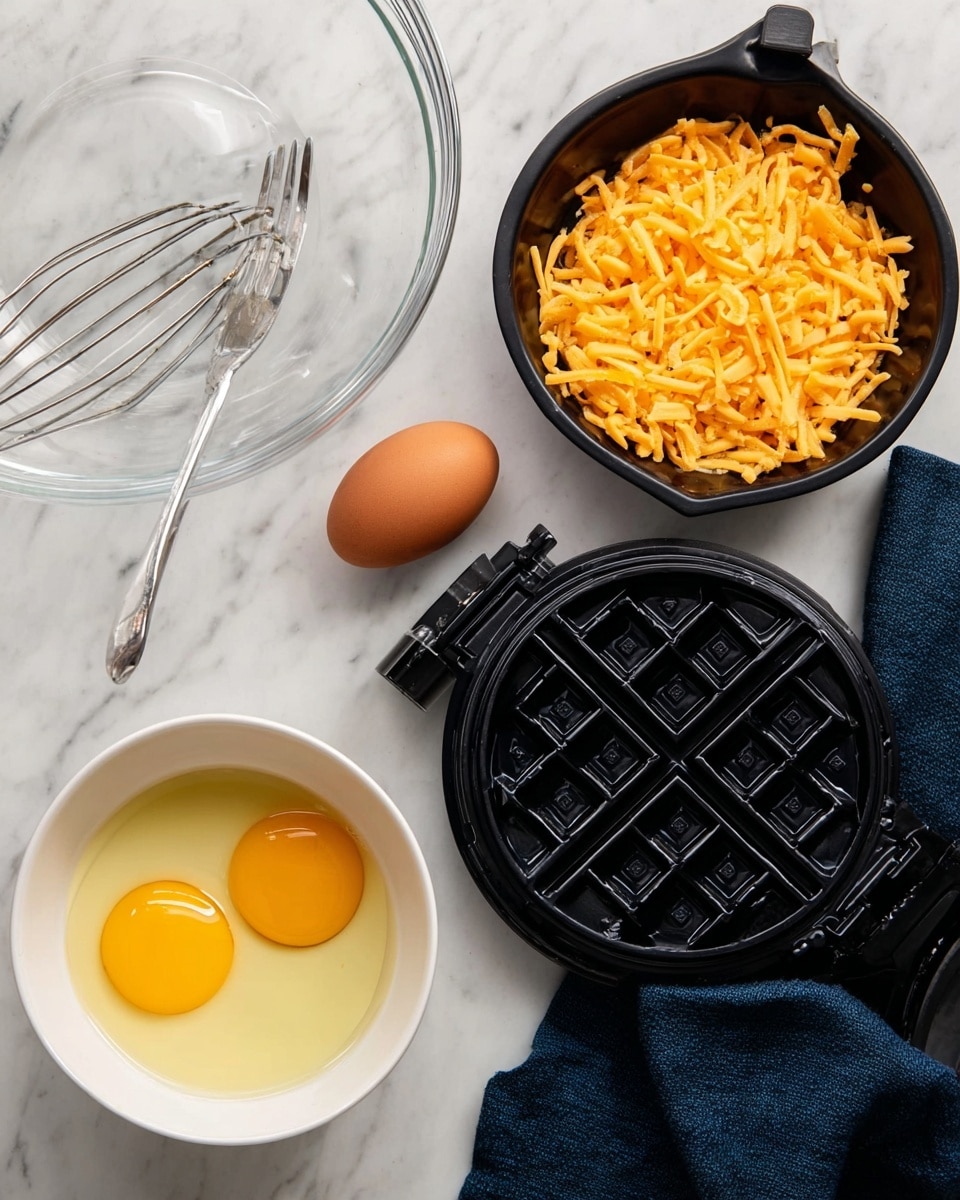 The image shows a clear glass mixing bowl with a silver fork inside, placed on a white marbled surface. Above it, there is a white bowl holding two raw eggs with bright yellow yolks floating in the clear whites. To the left, a black measuring cup is filled with bright orange shredded cheese strands, overflowing slightly. On the right side of the image, there is an open black waffle maker sitting on a white marbled surface, next to a dark blue cloth that is partly folded. photo taken with an iphone --ar 4:5 --v 7