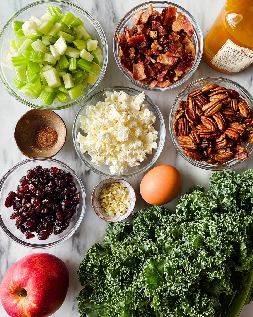 The image shows several clear glass bowls filled with different ingredients arranged on a white marbled surface. Starting from the top left, there is a bowl of white crumbly cheese, next to it a large bowl filled with whole brown pecans. Below the pecans, there is a bowl of dark red dried cranberries, and to the left of that, a bowl of small, crisp cooked bacon pieces. Below the bacon, a bowl contains chopped green celery. To the bottom right of the celery, there are large green curly kale leaves spread out with their textures visible. Next to the kale, a bowl of finely chopped red onions is seen. Above the onions, a red apple and a single brown egg are placed side by side. To the far right of the image, there is a bottle of orange salad dressing and a dark green bottle of extra virgin olive oil. Additionally, a small bowl contains a mix of cinnamon and sugar near the celery. The whole setup is neat and vibrant with fresh ingredients clearly visible, photo taken with an iphone --ar 4:5 --v 7