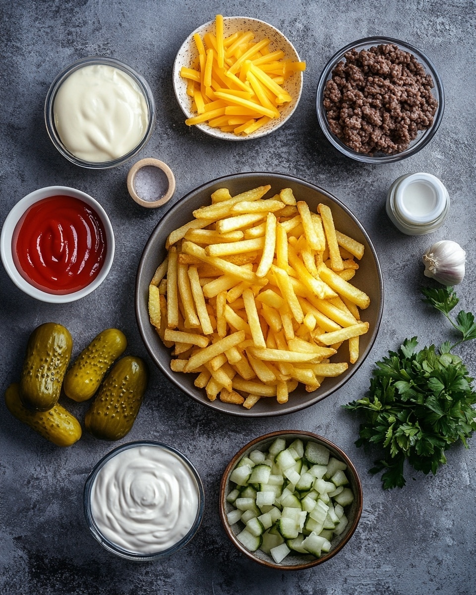 A white bowl filled with three main layers: the bottom layer has thin golden brown fries, the middle layer is a thick spread of cooked ground beef with a slightly dark brown color, and the top layer is melted yellow cheddar cheese that covers the beef and fries. On top of the cheese, there are small pieces of bright red diced tomatoes and finely chopped green herbs scattered evenly. The texture of the cheese looks smooth and stretchy, slightly dripping over the sides of the bowl. The background features a white marbled surface. photo taken with an iphone --ar 4:5 --v 7